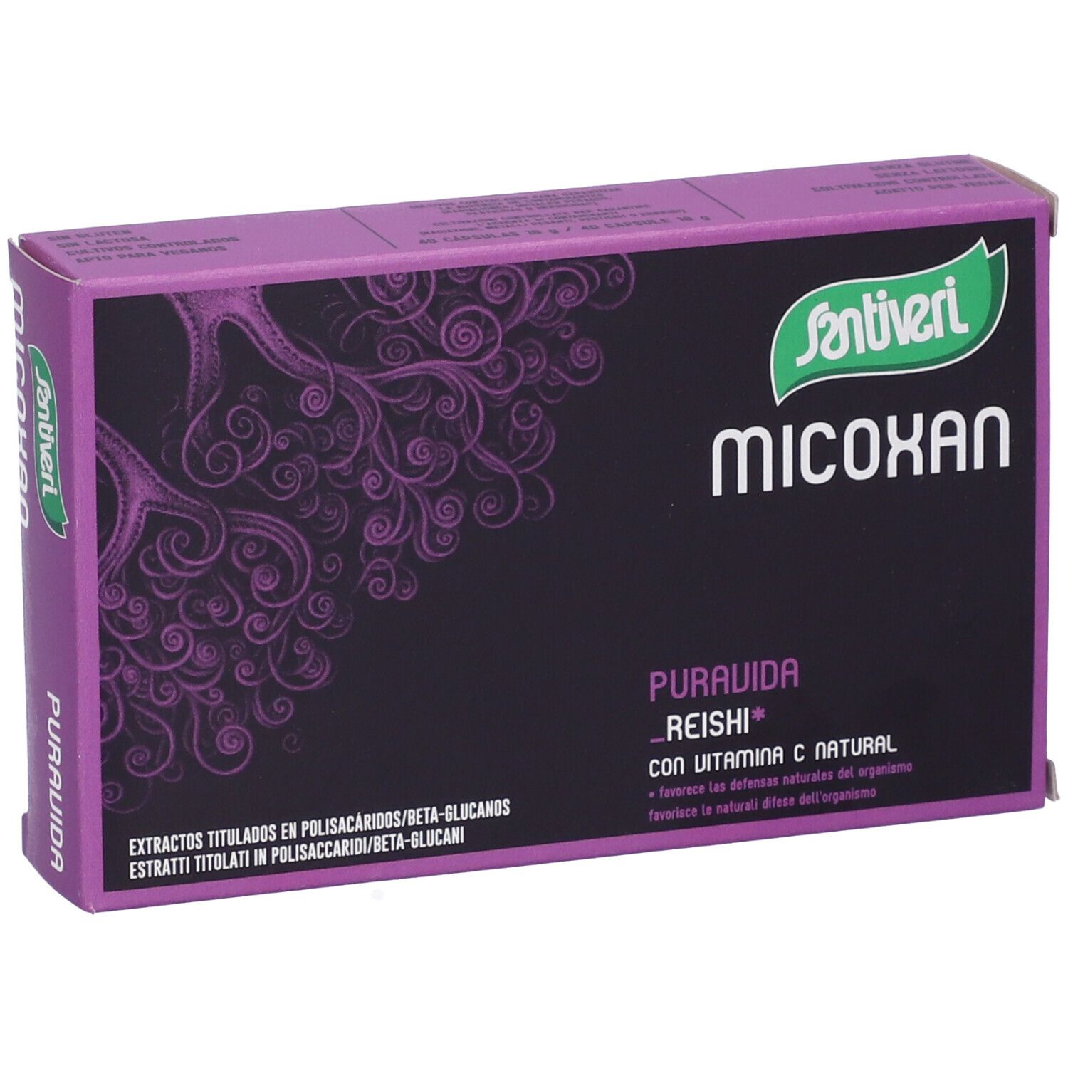 Scatola viola Santiveri Micoxan Puravida. Sfondo nero con testo bianco e motivo viola. Logo verde e bianco.