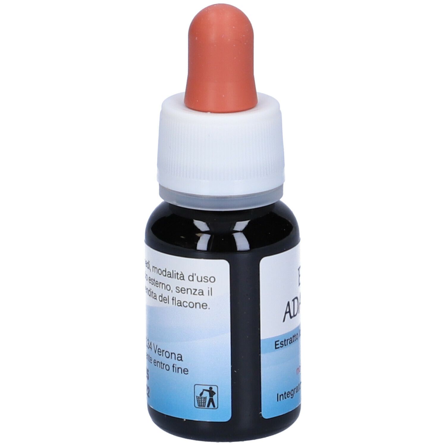 Flacone di vetro marrone con contagocce. Scritta: EIE ADALINF, Estratto Idroenzimatico, no-alcool, Integratore alimentare. Etichetta.