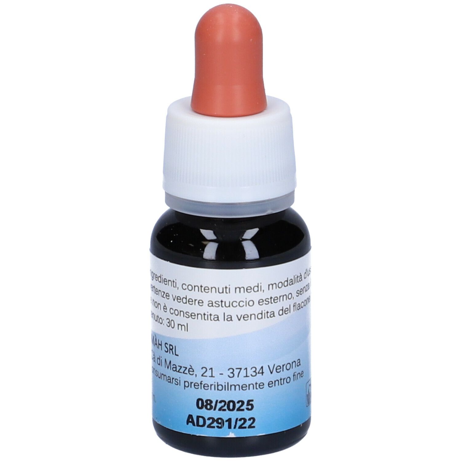 Flacone di vetro marrone con contagocce. Scritta: EIE ADALINF, Estratto Idroenzimatico, no-alcool, Integratore alimentare. Etichetta con data.