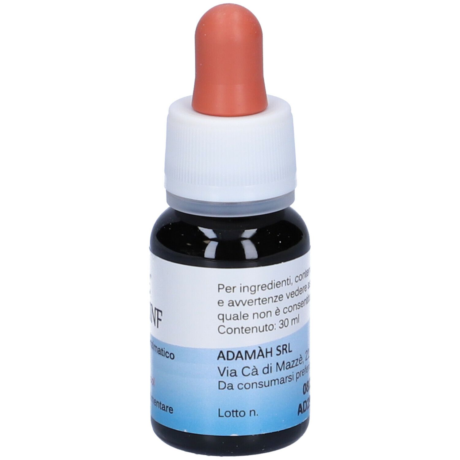 Flacone di vetro marrone con contagocce. Scritta: EIE ADALINF, Estratto Idroenzimatico, no-alcool, Integratore alimentare. Etichetta.