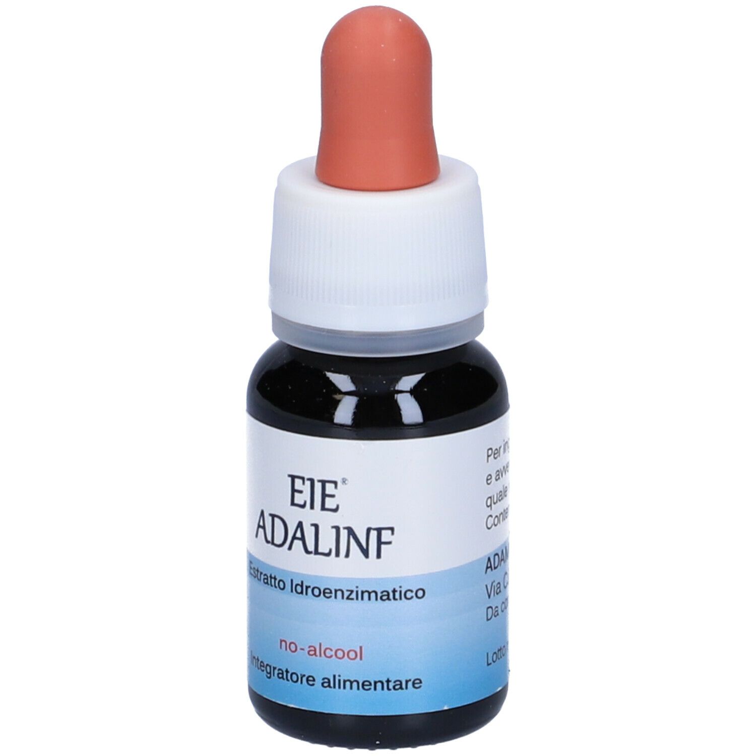 Flacone di vetro marrone con contagocce. Scritta: EIE ADALINF, Estratto Idroenzimatico, no-alcool, Integratore alimentare. Etichetta.