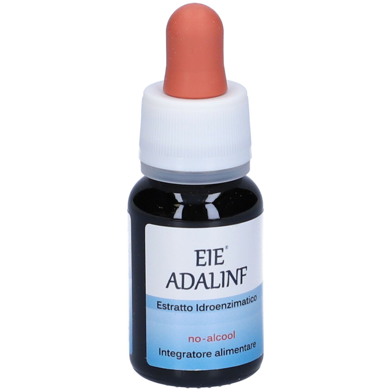 Flacone di vetro marrone con contagocce. Scritta: EIE ADALINF, Estratto Idroenzimatico, no-alcool, Integratore alimentare. Etichetta.