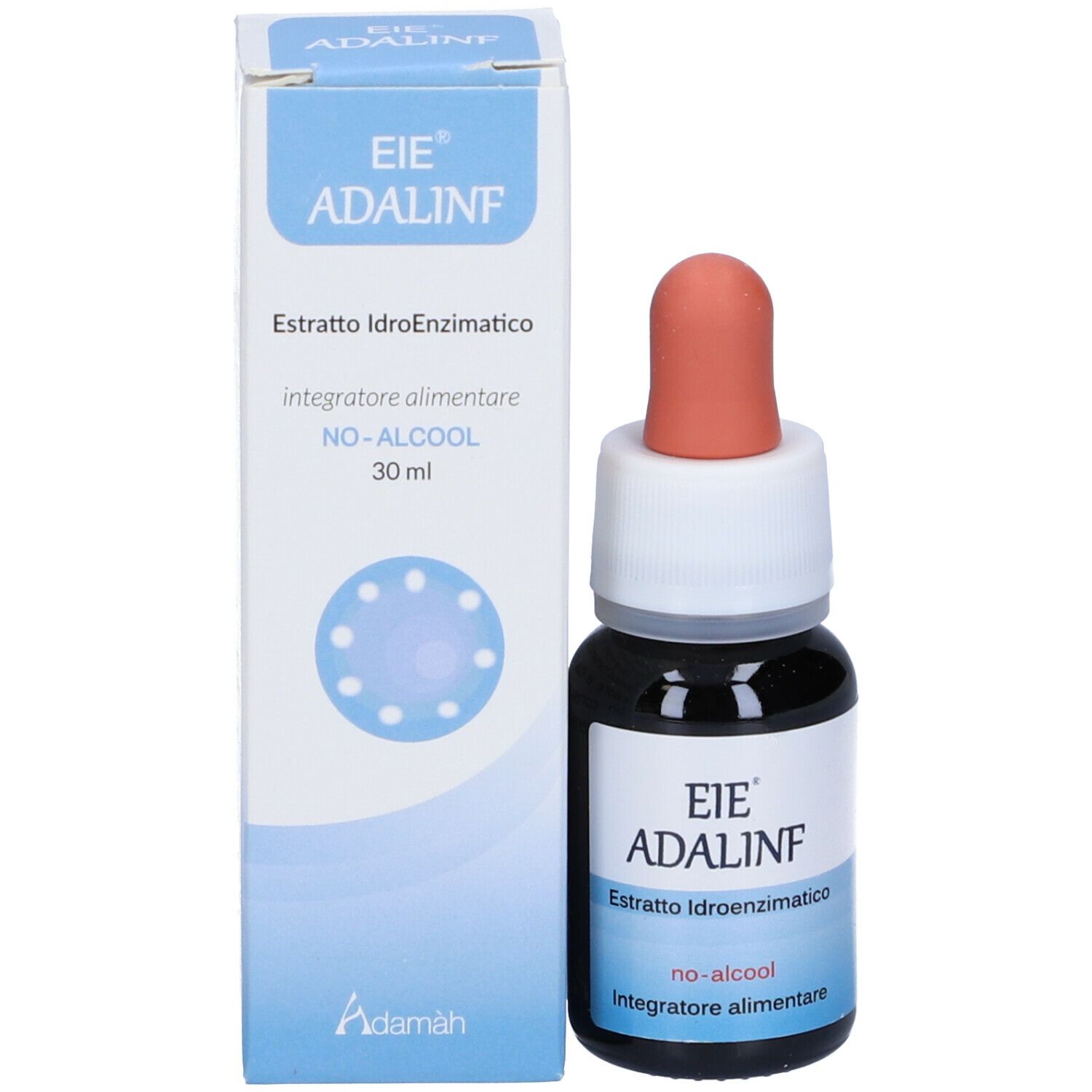 Flacone di vetro marrone con contagocce e confezione. Scritta: EIE ADALINF, Estratto Idroenzimatico, no-alcool, Integratore alimentare.