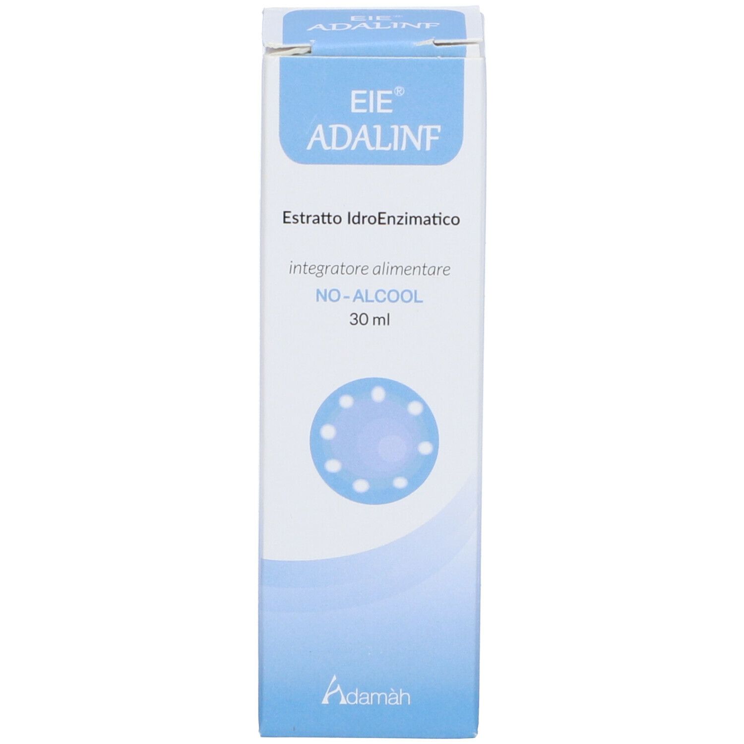 Confezione e flacone di vetro marrone con contagocce. Scritta: EIE ADALINF, Estratto Idroenzimatico, no-alcool, Integratore alimentare.