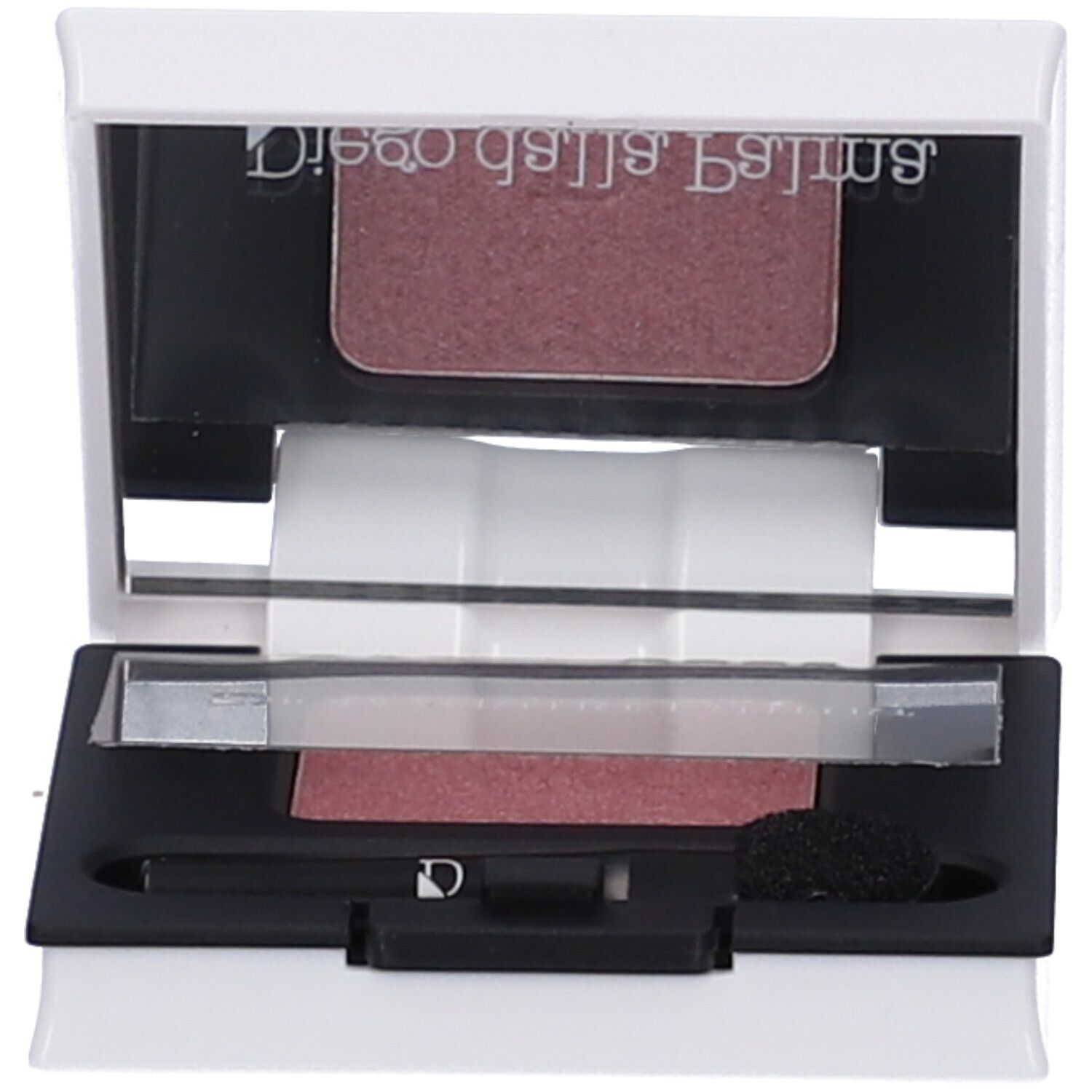 Ombretto compatto rosa. Contenitore bianco con specchio e applicatore. Marca Diego dalla Palma.