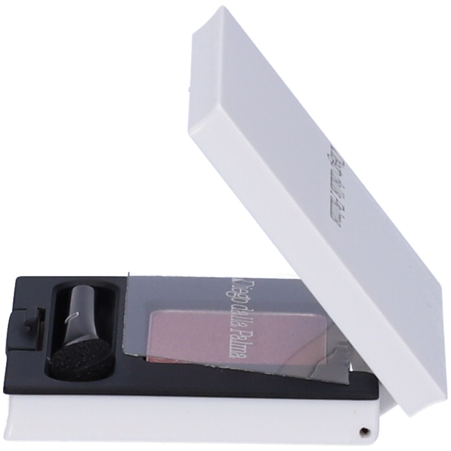Contenitore bianco con ombretto rosa, specchio e applicatore. Marca Diego dalla Palma.
