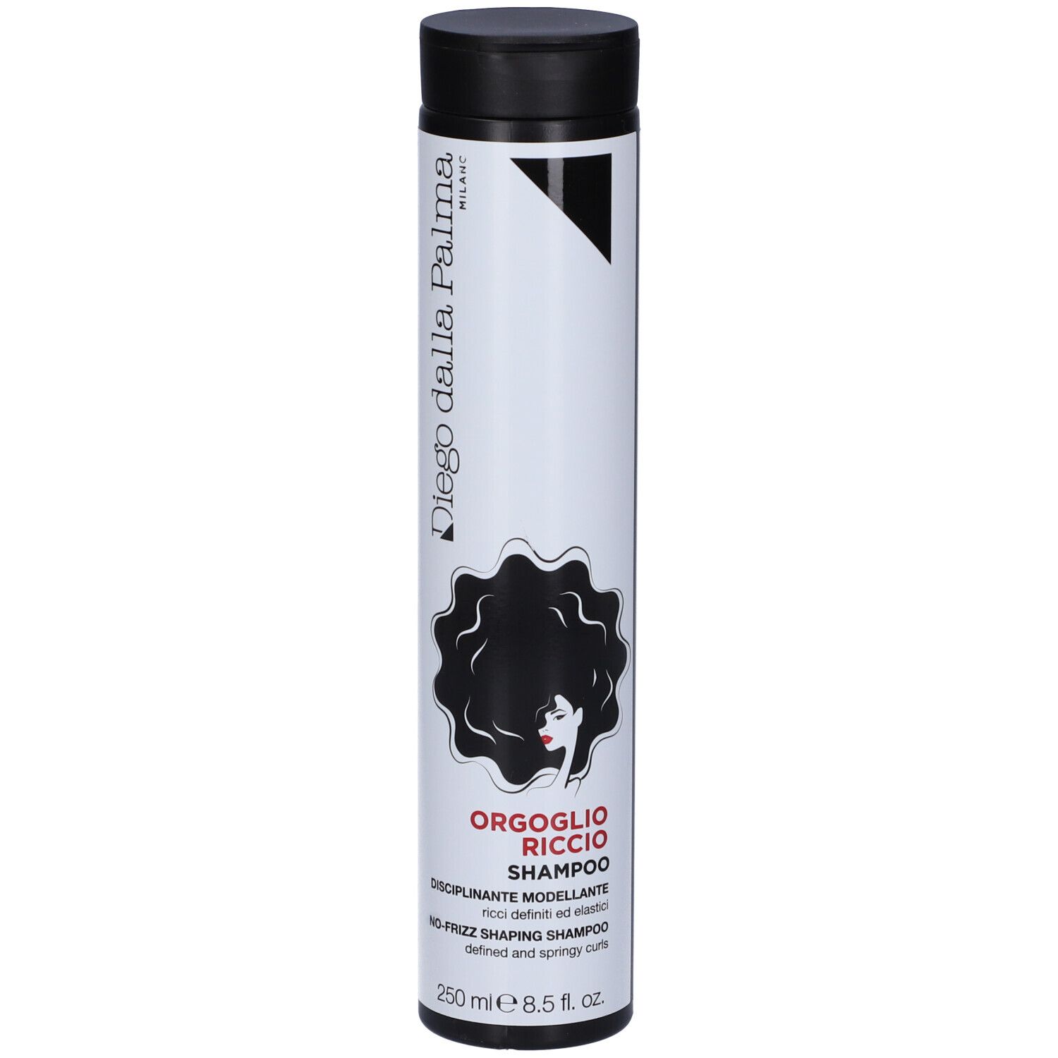 Flacone cilindrico bianco e nero. Scritta: Diego dalla Palma, Orgoglio Riccio Shampoo, 250 ml.