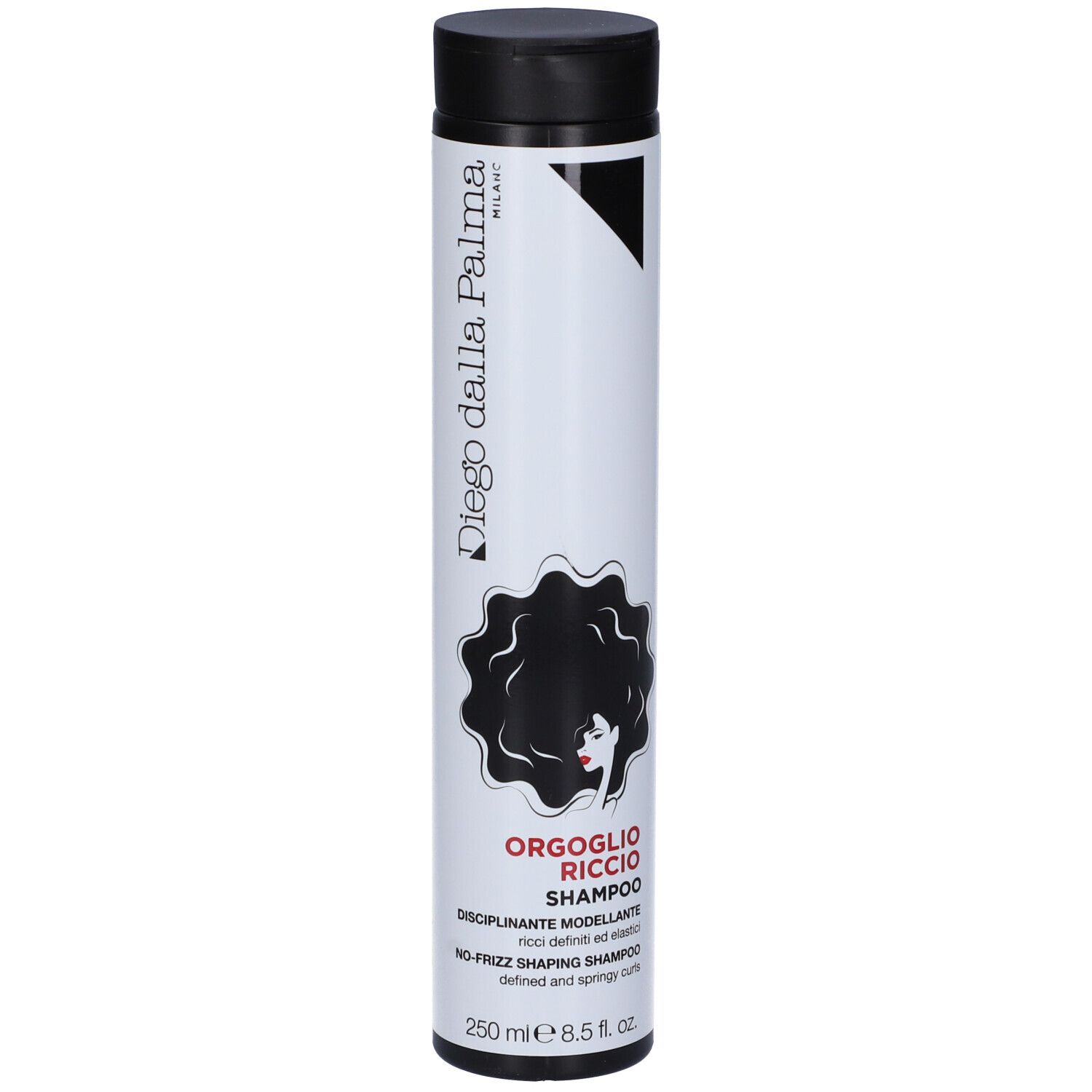 Flacone cilindrico bianco e nero. Scritta: Diego dalla Palma, Orgoglio Riccio Shampoo, 250 ml.
