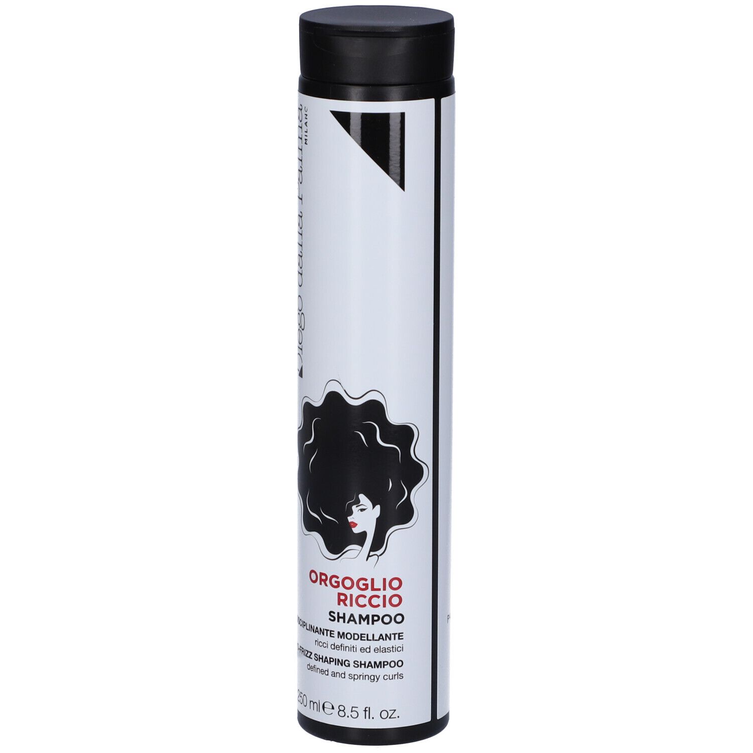 Flacone cilindrico bianco e nero. Scritta: Diego dalla Palma, Orgoglio Riccio Shampoo, 250 ml.