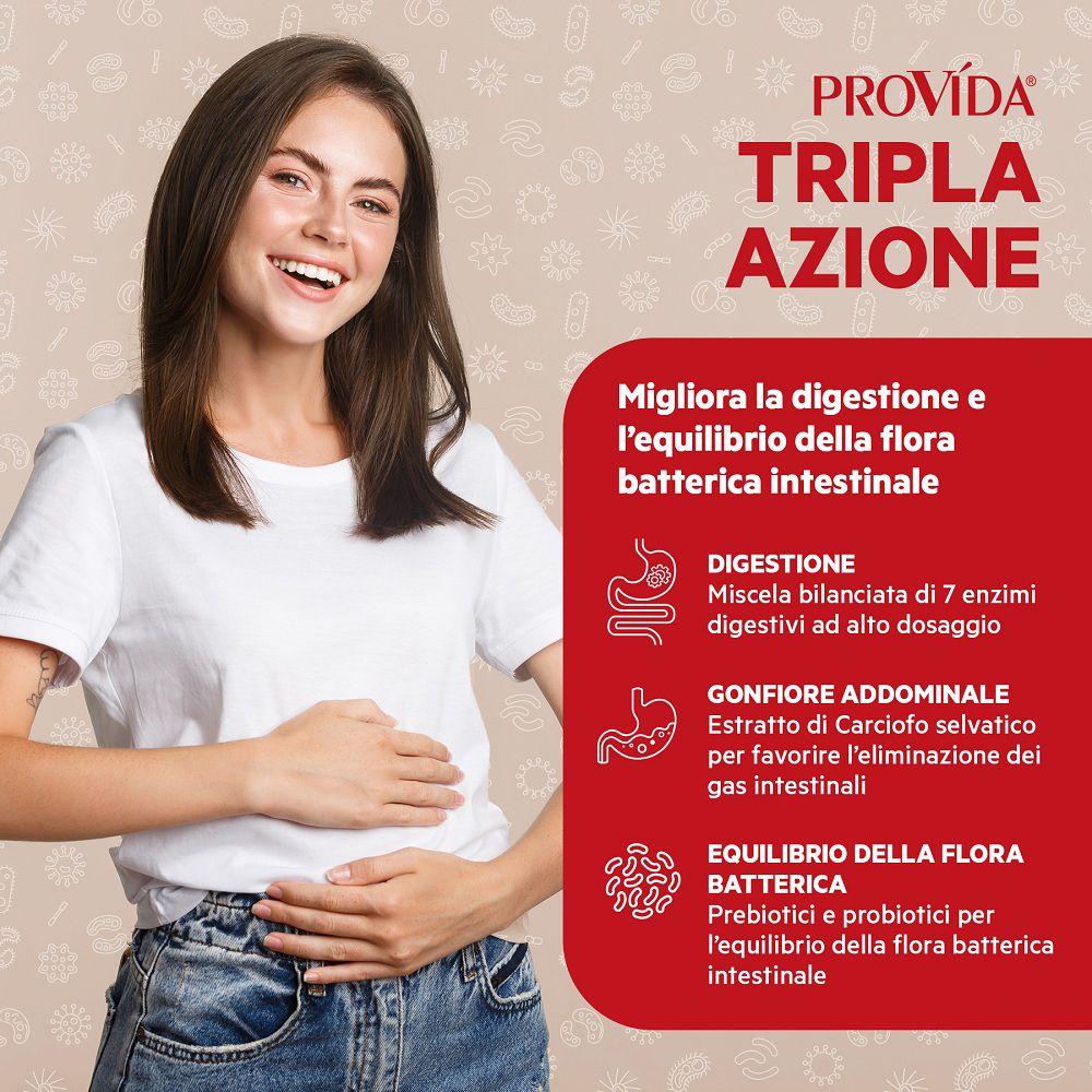 Frau hält sich den Bauch, neben Text über Provida® Dreifachwirkung für Verdauung und Darmflora.