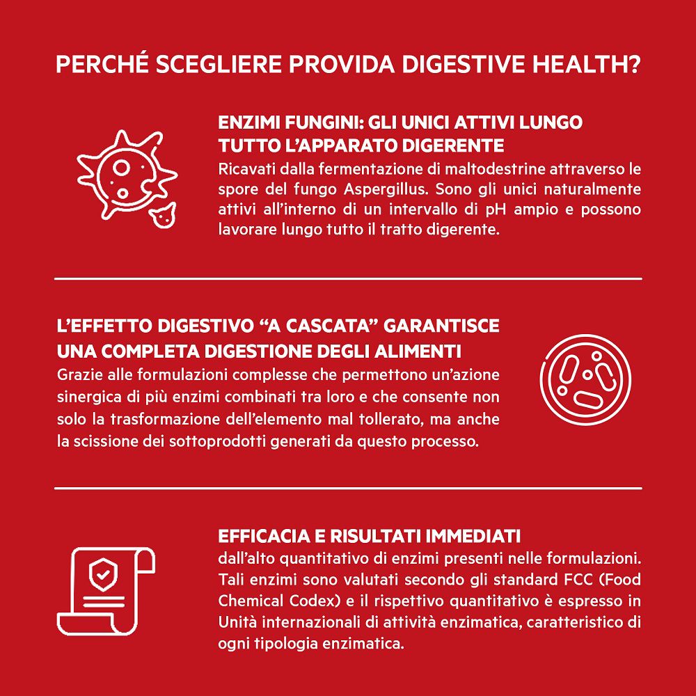 Infografik zu Provida® Verdauungsenzymen: Pilze, Kaskadeneffekt, FCC-Standard und Made in Italy.
