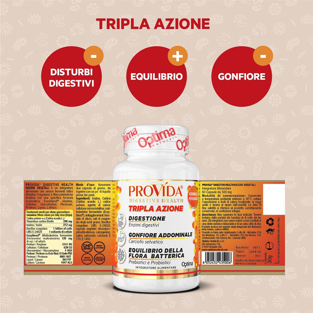Provida® Dreifachwirkung Dose mit Icons für Verdauungsstörungen, Gleichgewicht und Blähungen.