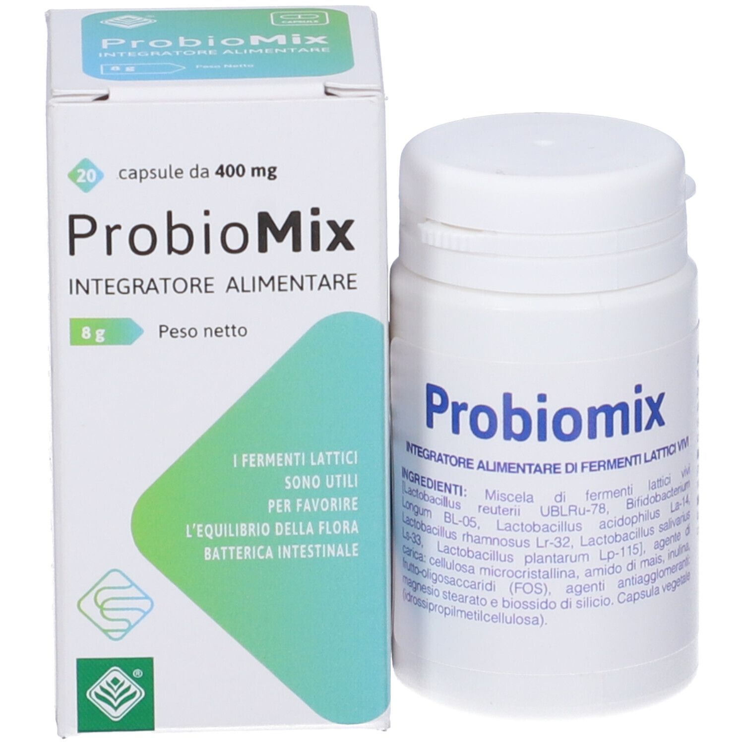 Confezione e flacone Probiomix. Sulla confezione: "20 capsule da 400 mg". Sul flacone: "Probiomix".