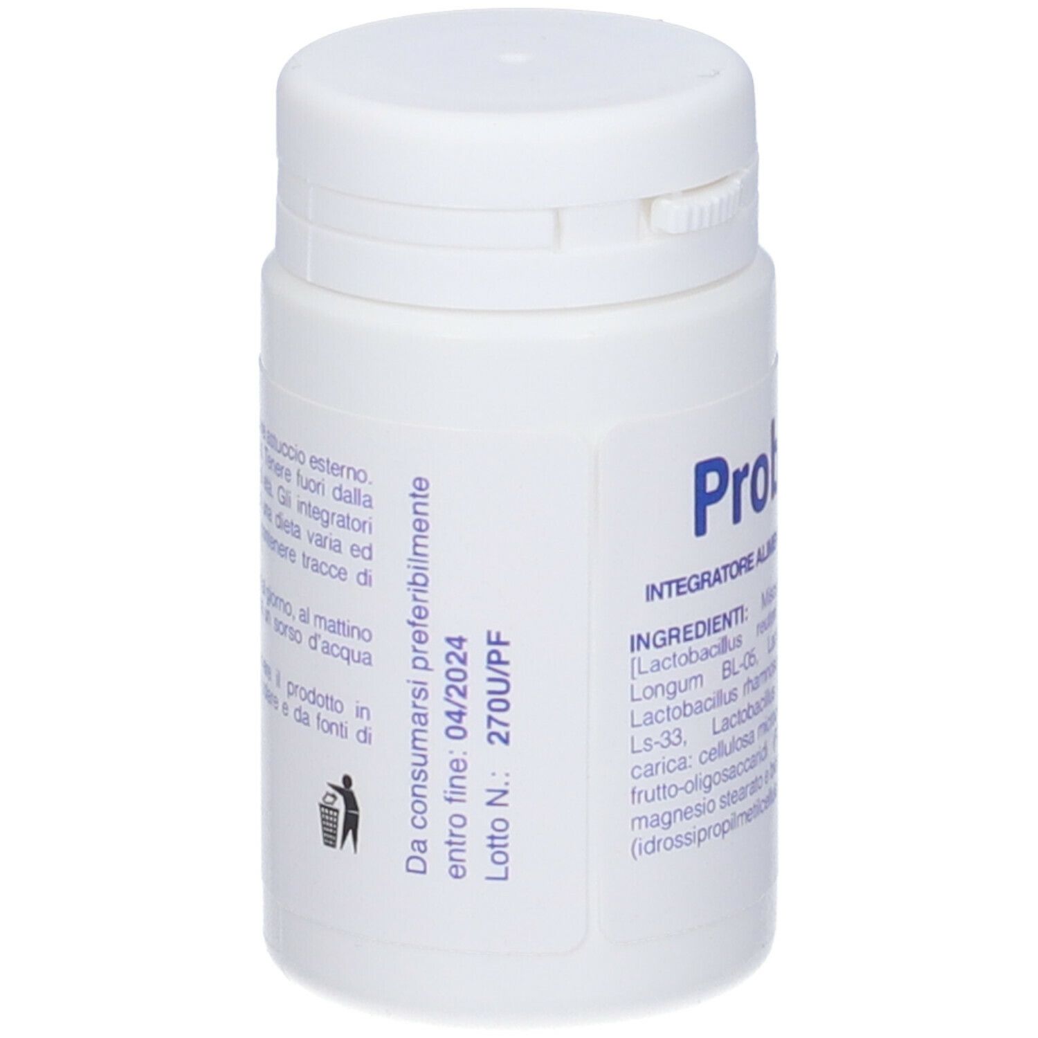 Flacone bianco con scritta blu "Probiomix". Sul lato, testo in italiano.