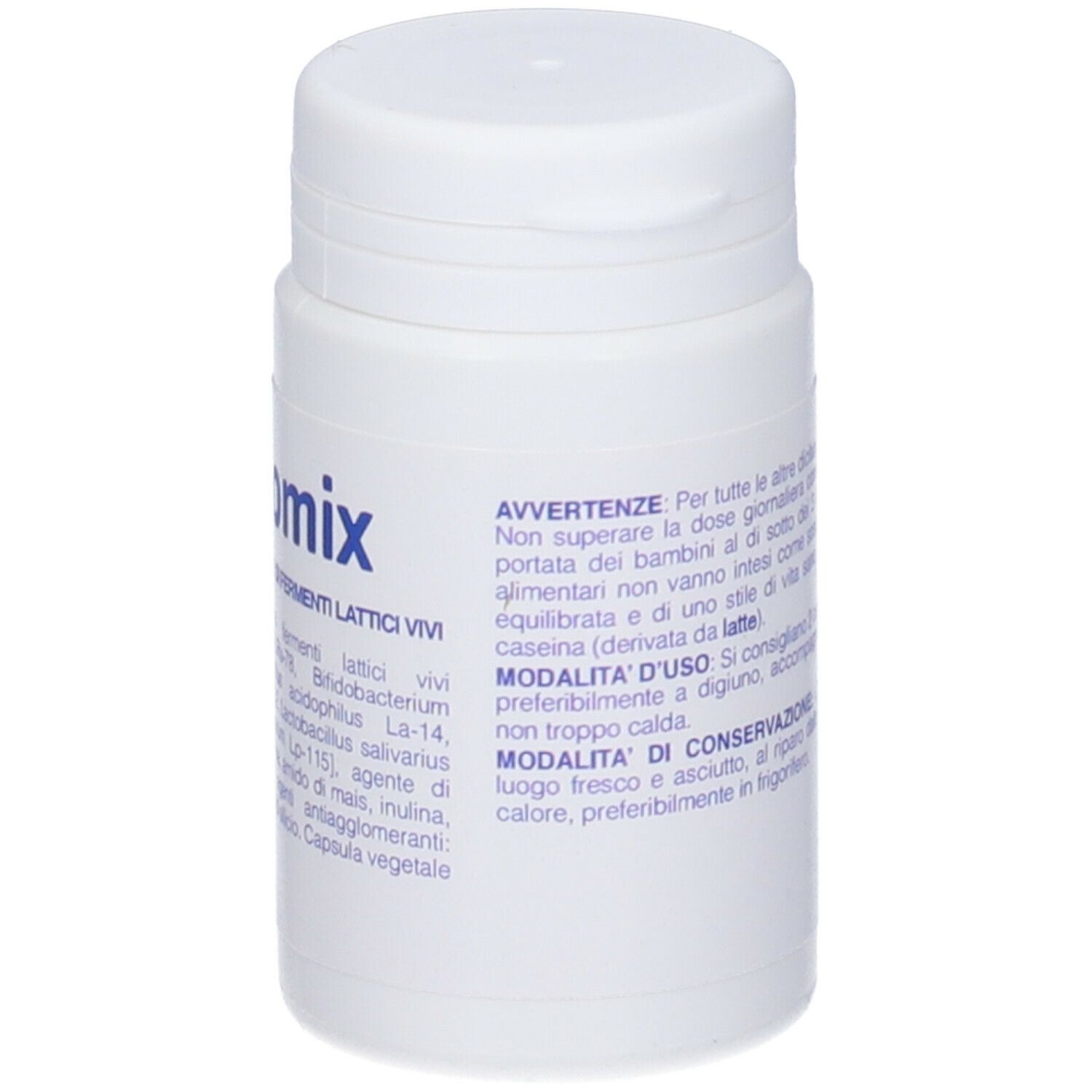 Flacone bianco con scritta blu "Probiomix". Sul lato, testo in italiano.