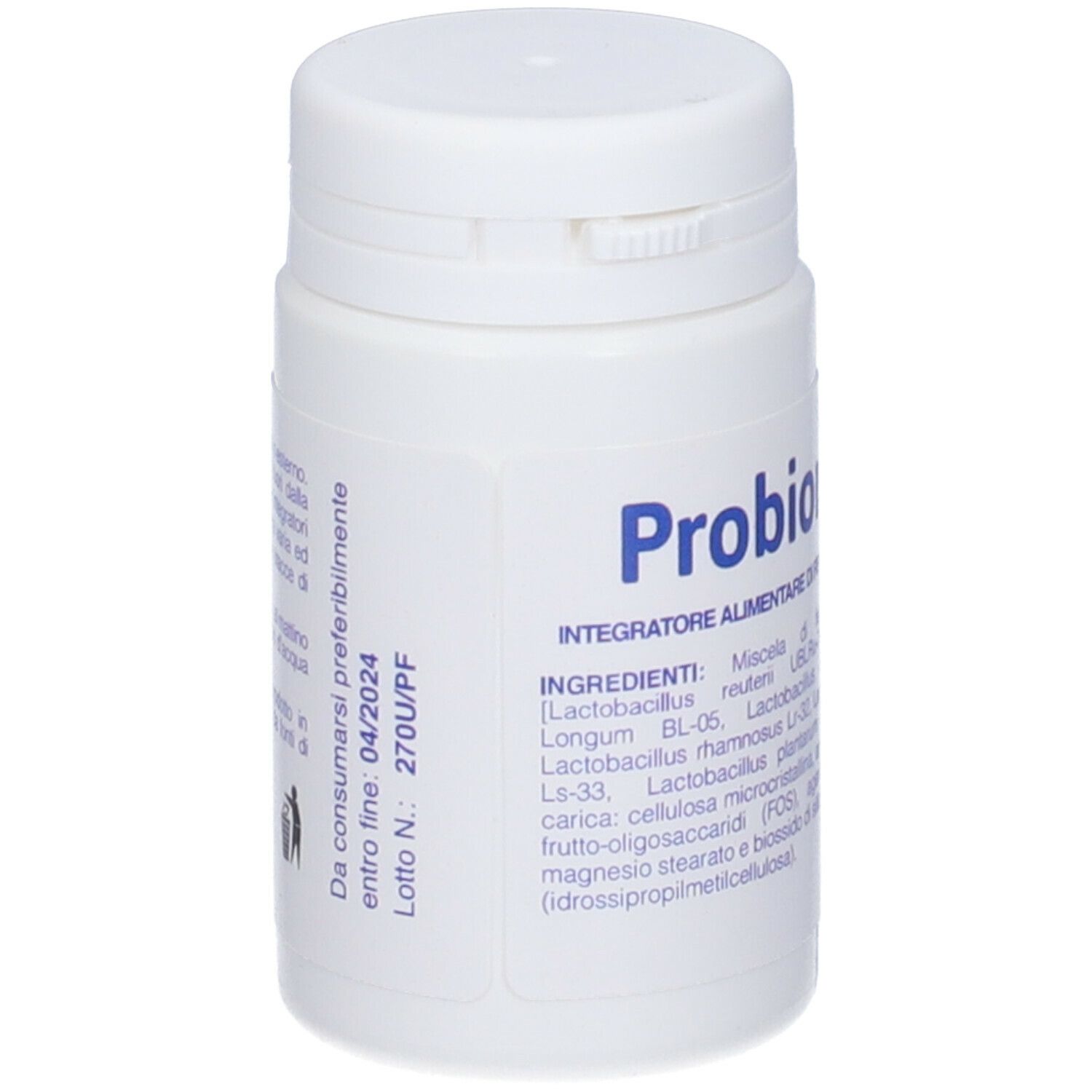Flacone bianco con scritta blu "Probiomix". Sul lato, testo in italiano.