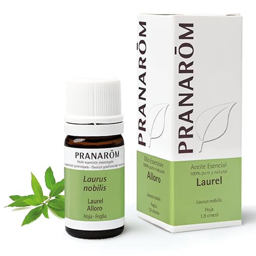 Flacone in vetro marrone, tappo bianco, scatola. Scritte: Pranarôm, Laurel, Alloro, Foglia. Foglie verdi.