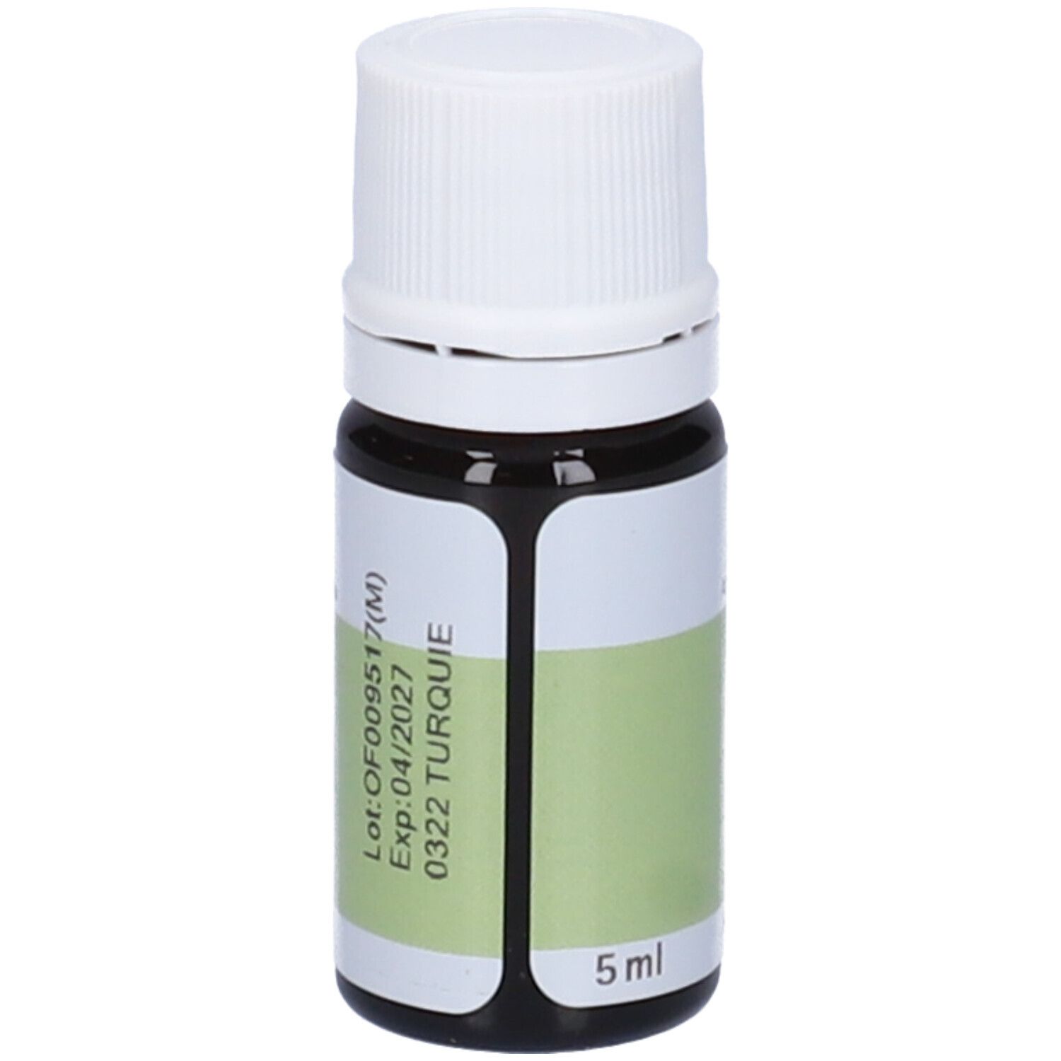 Flacone in vetro marrone, tappo bianco. Scritte: Pranarôm, Laurus nobilis, Alloro, Laurel, Louro, Foglia, Hoja, Folha. 5ml.