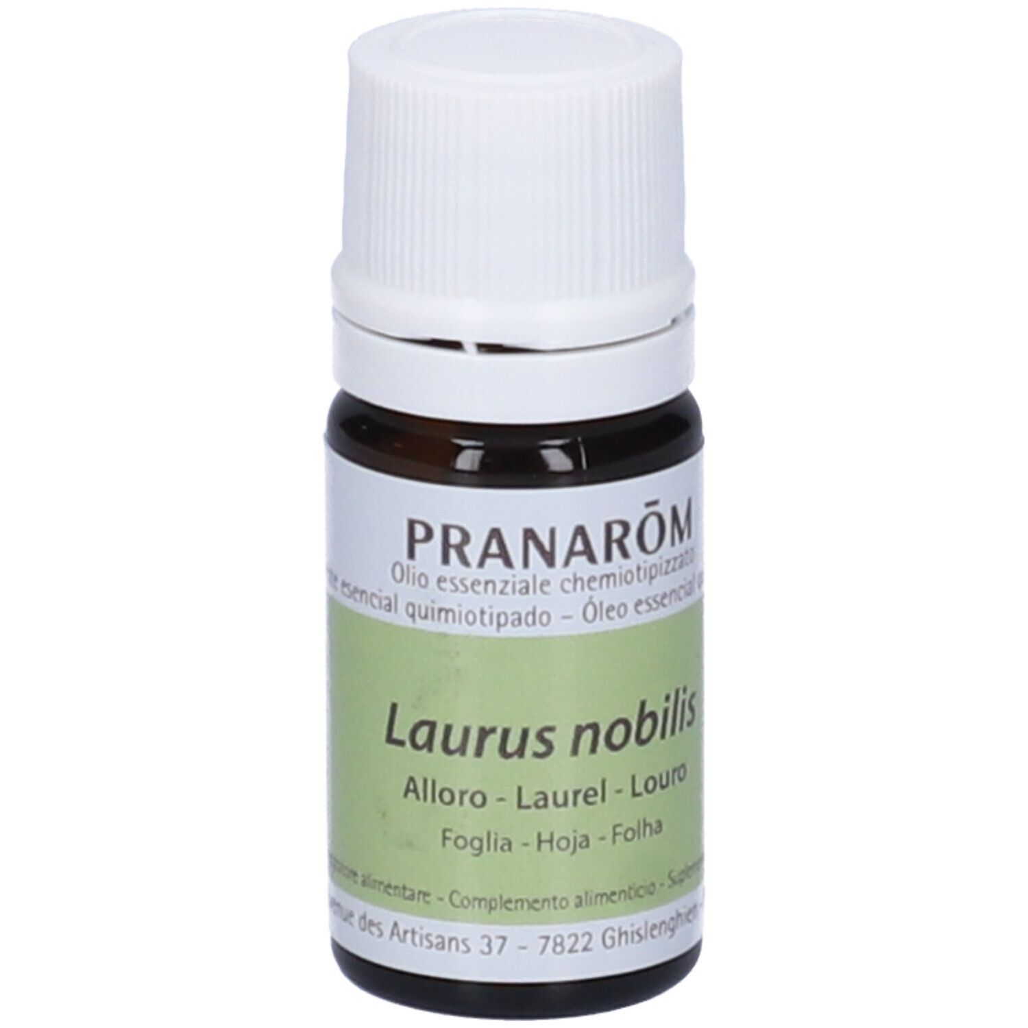 Flacone in vetro marrone, tappo bianco. Scritte: Pranarôm, Laurus nobilis, Alloro, Laurel, Louro, Foglia, Hoja, Folha.