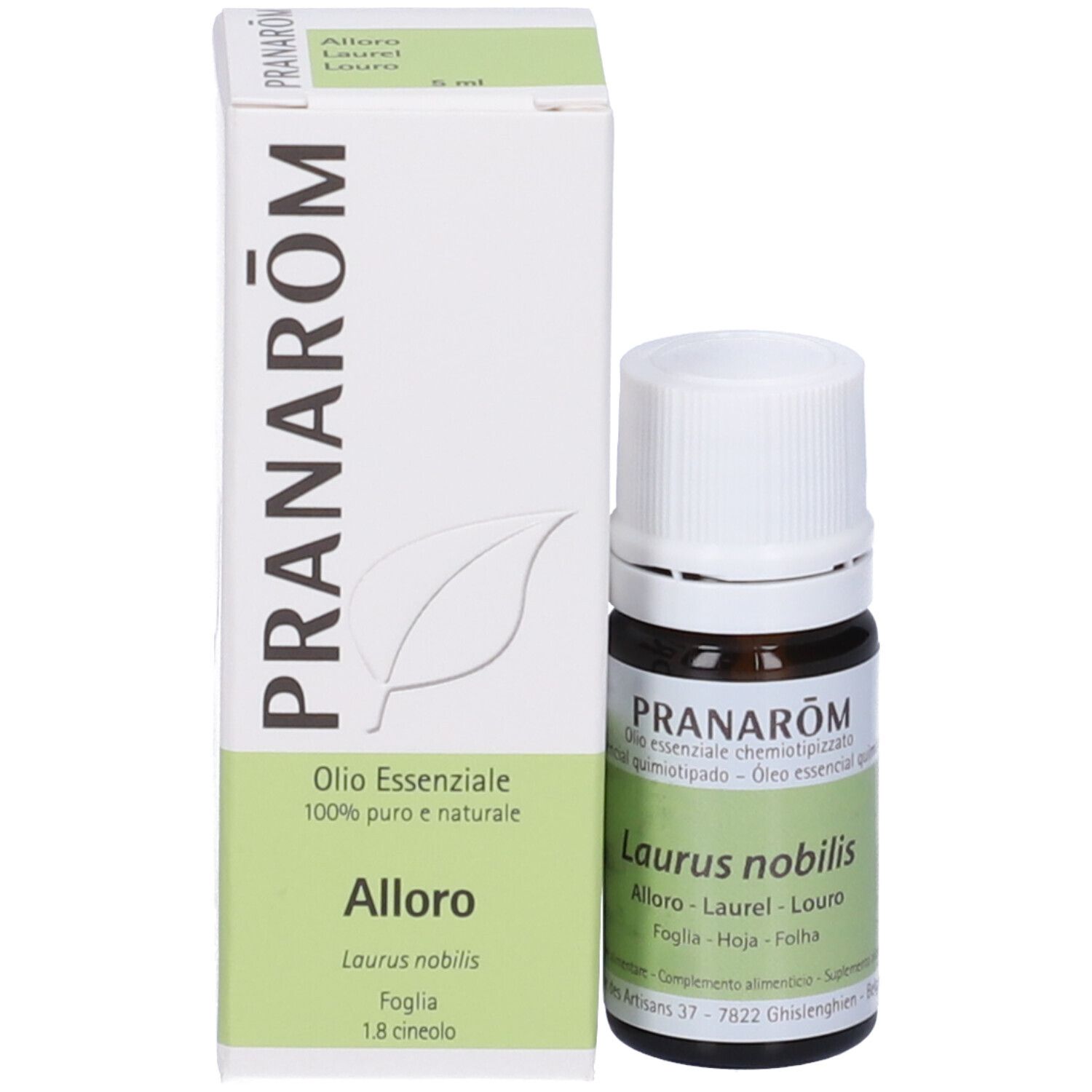 Flacone in vetro marrone, tappo bianco, scatola. Scritte: Pranarôm, Alloro, Foglia. 5ml.