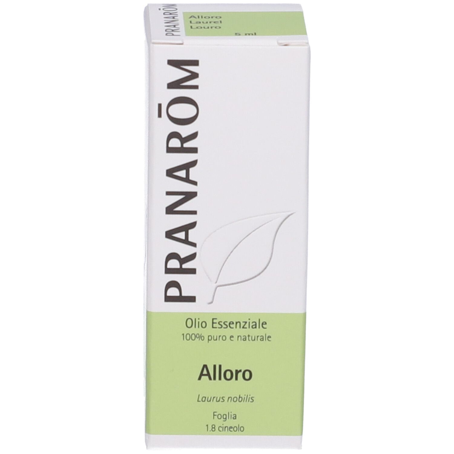 Scatola con scritte: Pranarôm, Alloro, Foglia. 1,8 cineol.
