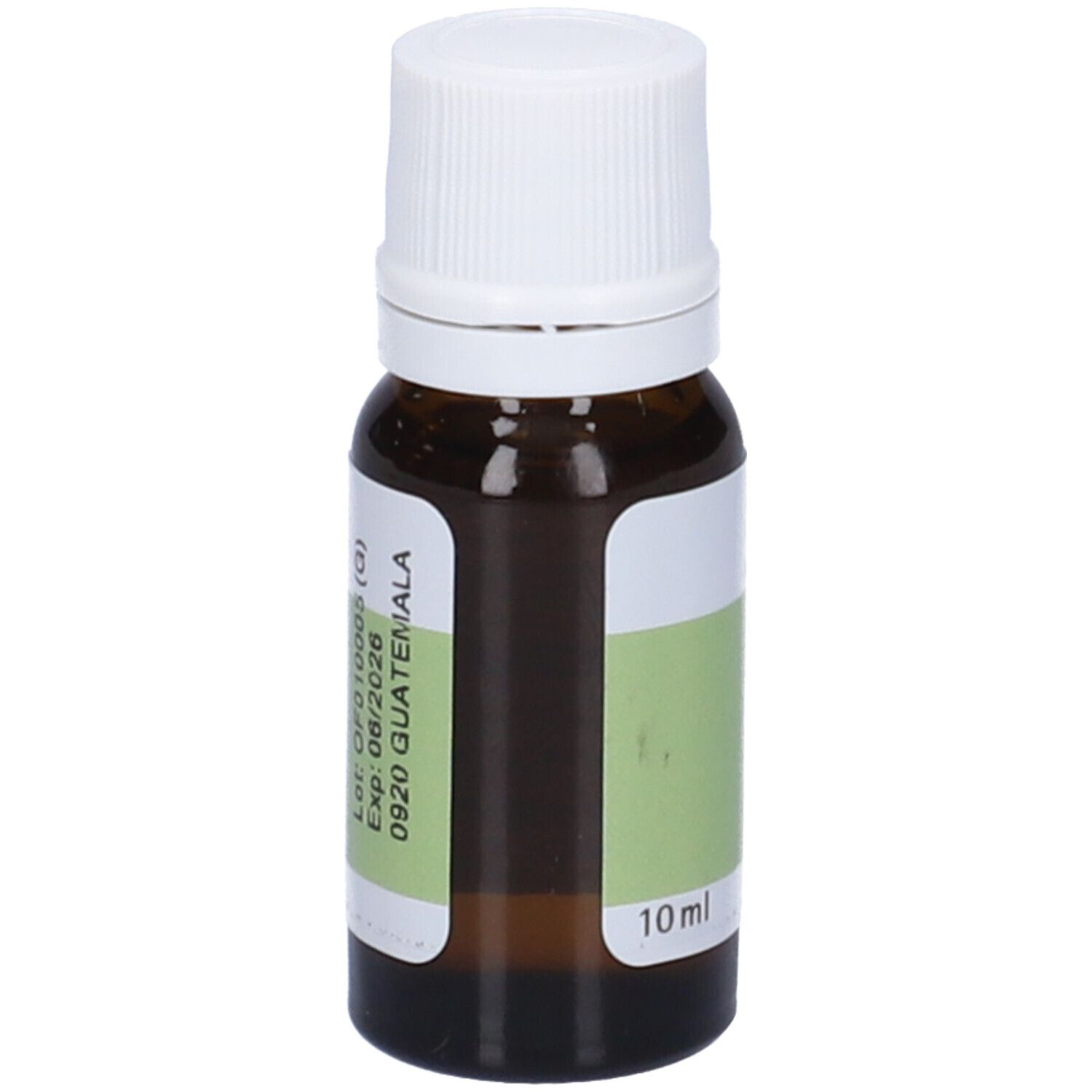 Flacone di vetro marrone con tappo bianco. Etichetta con nome del prodotto e ingredienti.