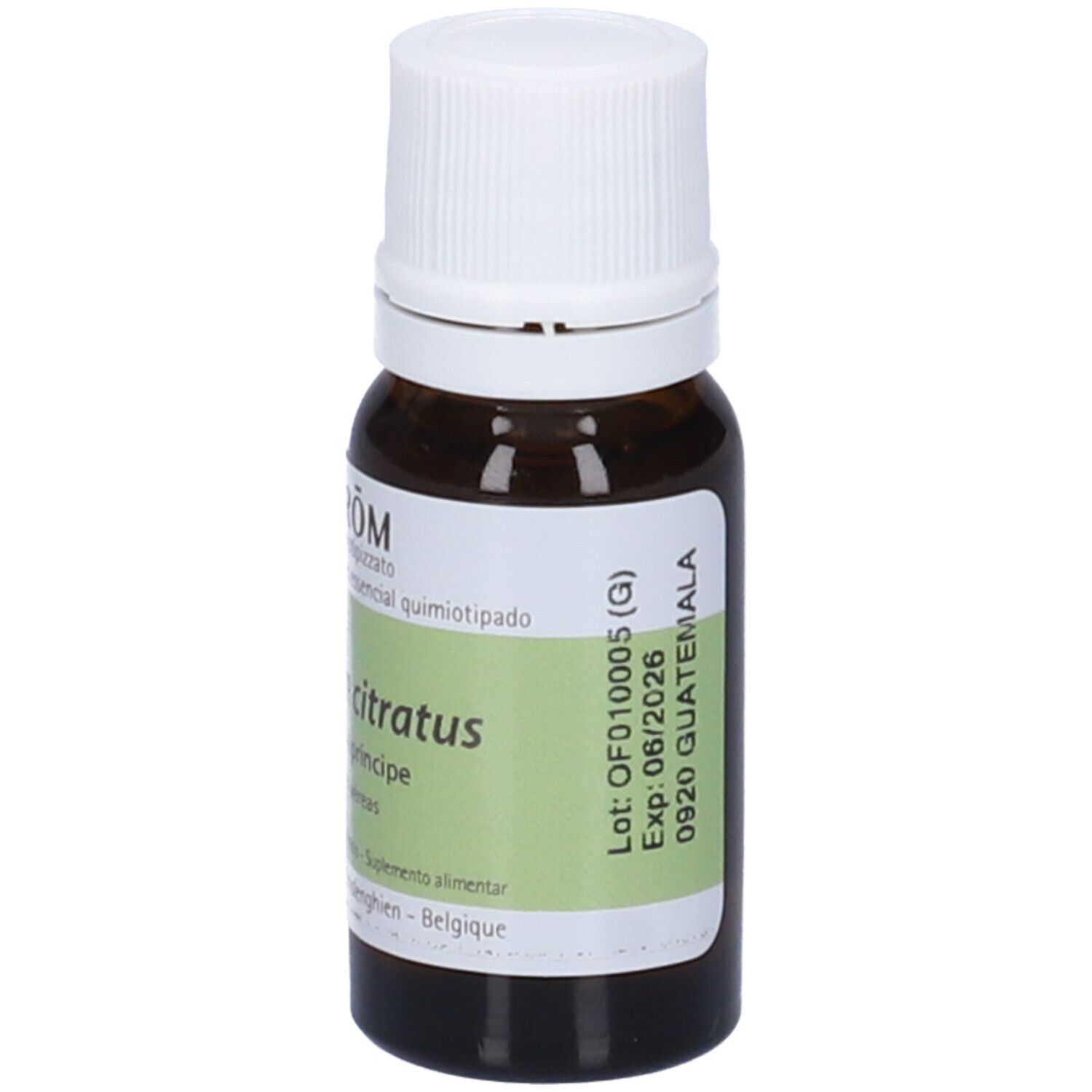 Flacone di vetro marrone con tappo bianco. Etichetta con nome del prodotto e ingredienti.