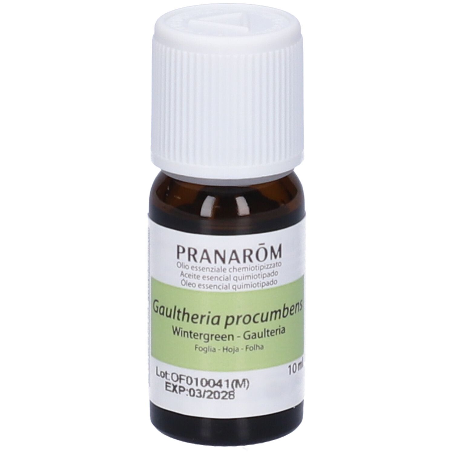 Flacone di vetro marrone con tappo bianco ed etichetta. L'etichetta indica 'Pranarôm' e informazioni sul prodotto. 10ml.