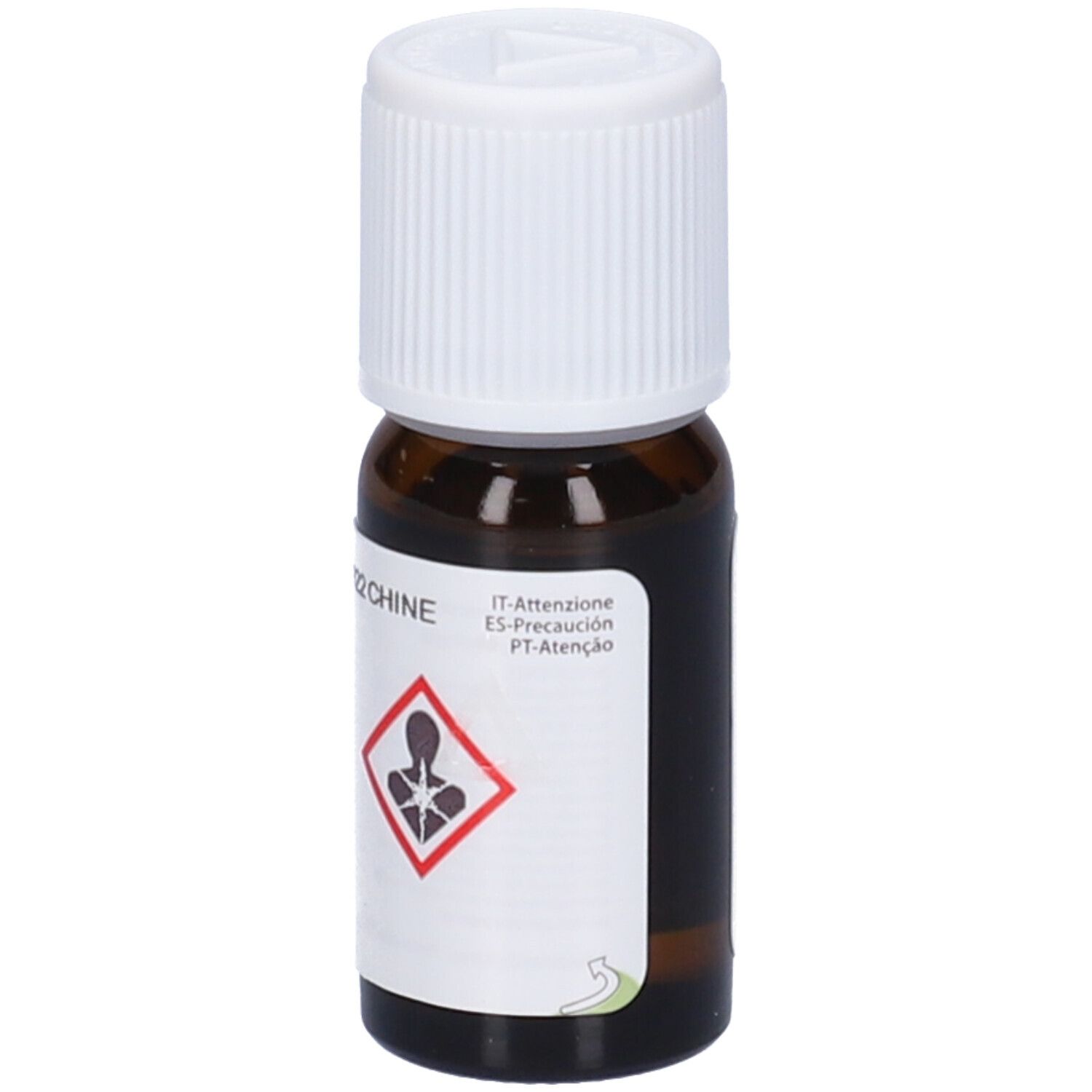 Flacone di vetro marrone con tappo bianco ed etichetta. L'etichetta indica 'Pranarôm' e un simbolo di pericolo. 10ml.