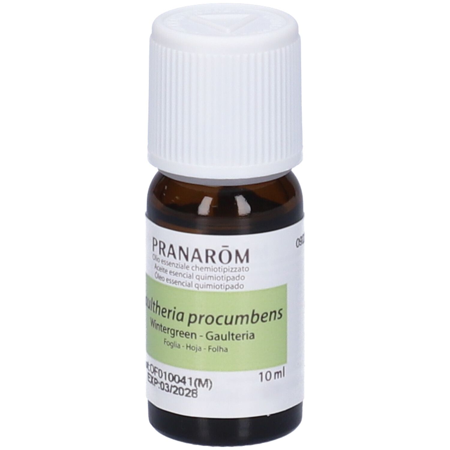 Flacone di vetro marrone con tappo bianco ed etichetta. L'etichetta indica 'Pranarôm' e informazioni sul prodotto. 10ml.