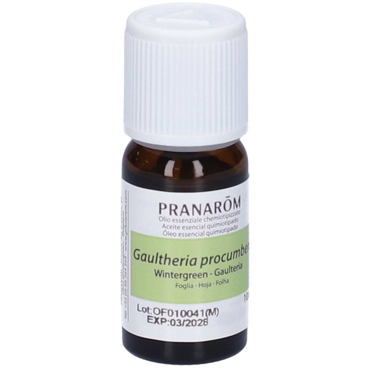 Flacone di vetro marrone con tappo bianco ed etichetta. L'etichetta indica 'Pranarôm' e informazioni sul prodotto. 10ml.