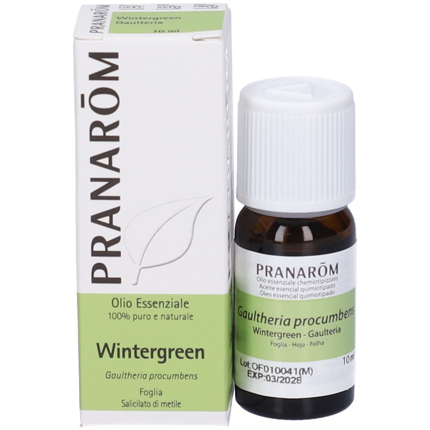 Flacone di vetro marrone con tappo bianco ed etichetta, accanto a una scatola bianca. Sul flacone è scritto 'Pranarôm'. 10ml.