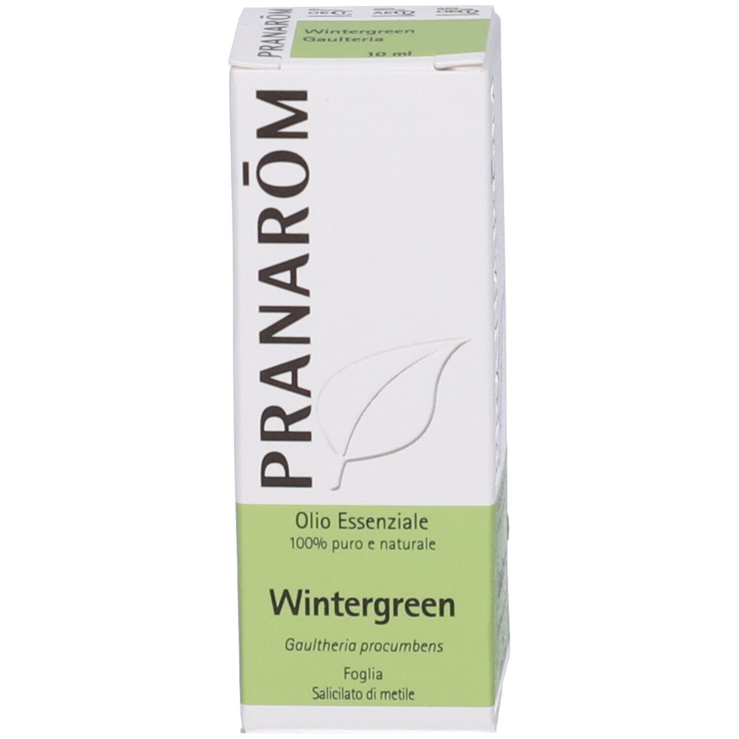 Scatola bianca con testo verde e il logo 'Pranarôm'. Sulla scatola è scritto 'Wintergreen' e informazioni sul prodotto.