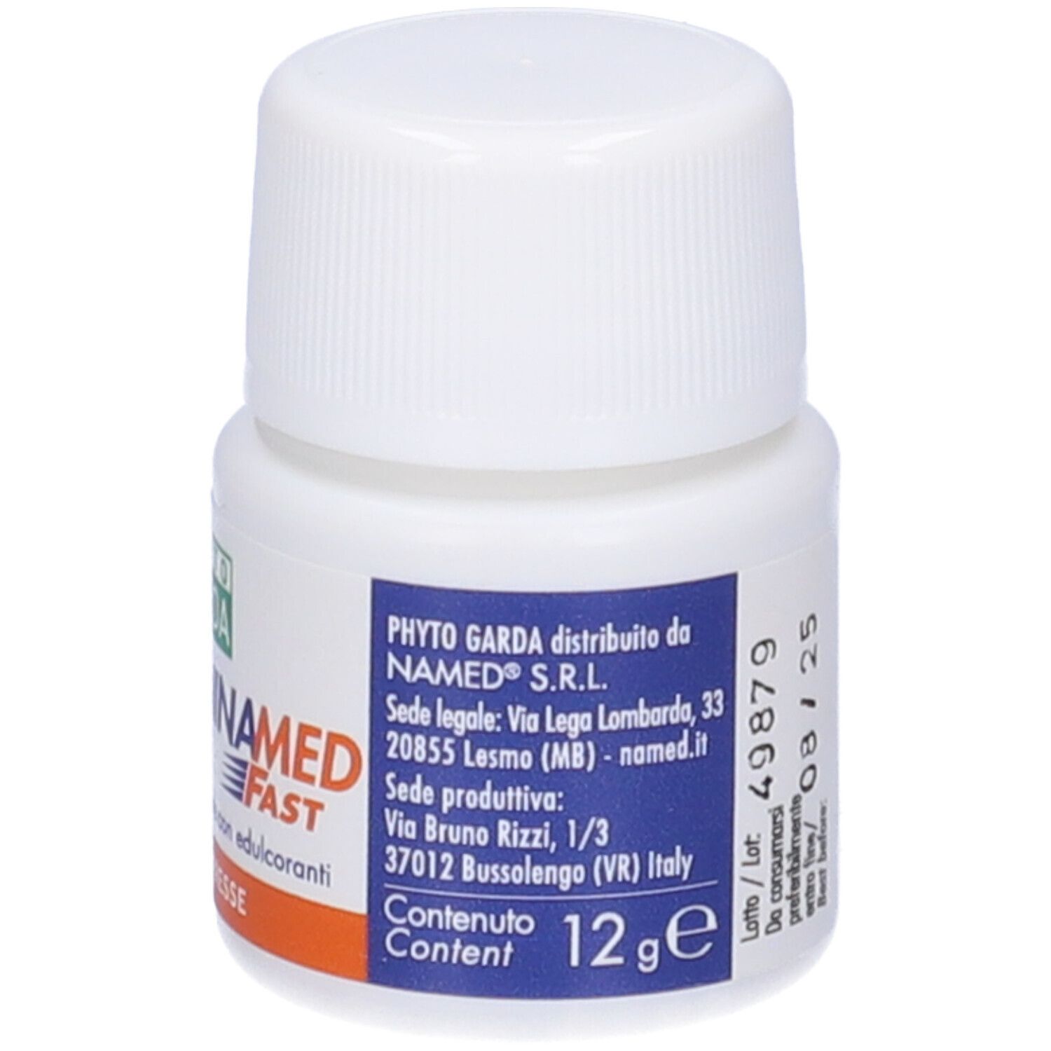 Weiße Flasche mit weißem Deckel. Aufschrift: 12g e. Rückseite mit Informationen. Marke: Phyto Garda.