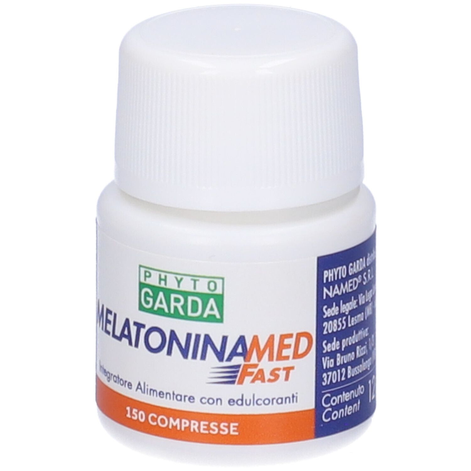 Weiße Flasche mit weißem Deckel. Aufschrift: MelatoninaMed Fast, 150 Compresse. Marke: Phyto Garda.