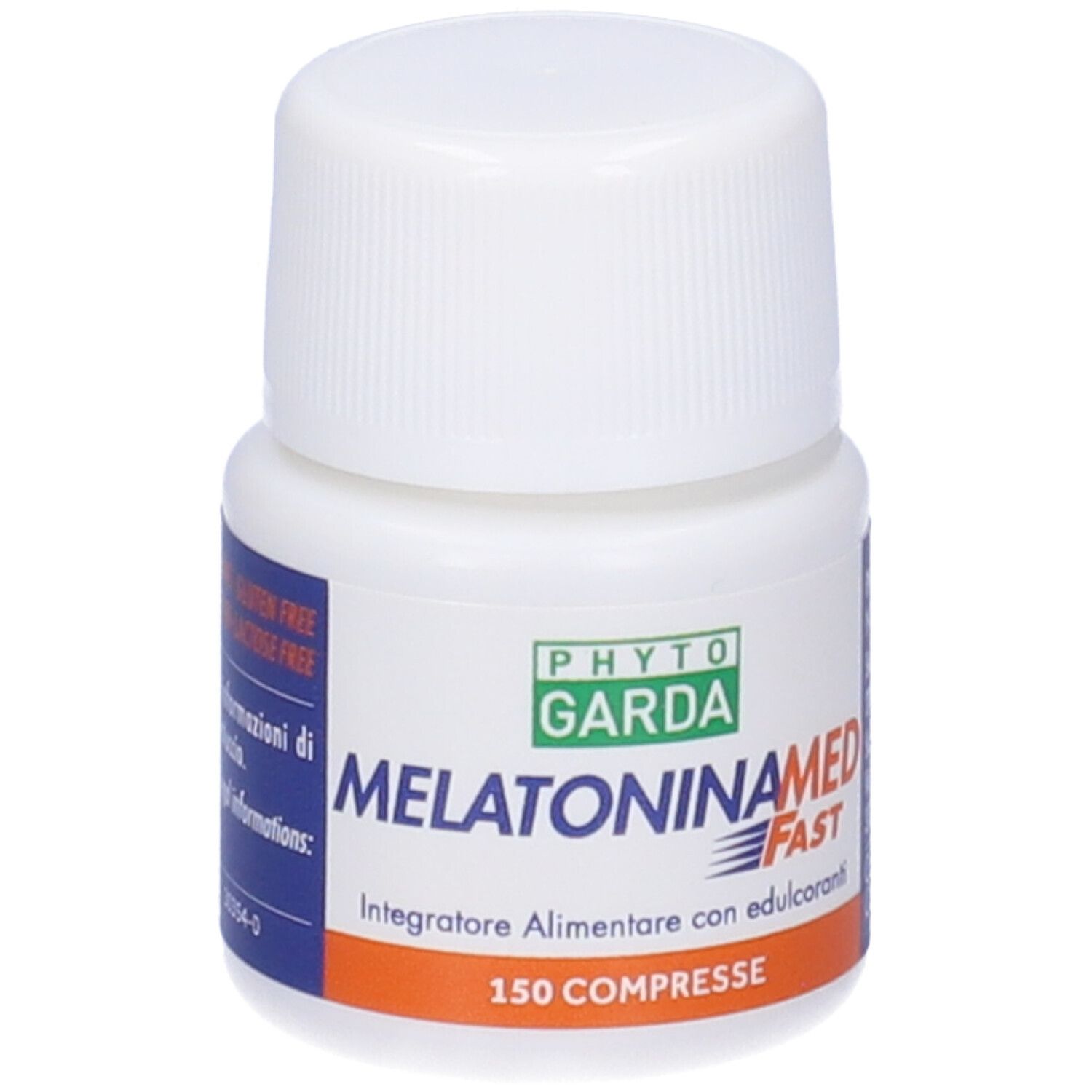 Weiße Flasche mit weißem Deckel. Aufschrift: MelatoninaMed Fast, 150 Compresse. Marke: Phyto Garda. Glutenfrei, Laktosefrei.