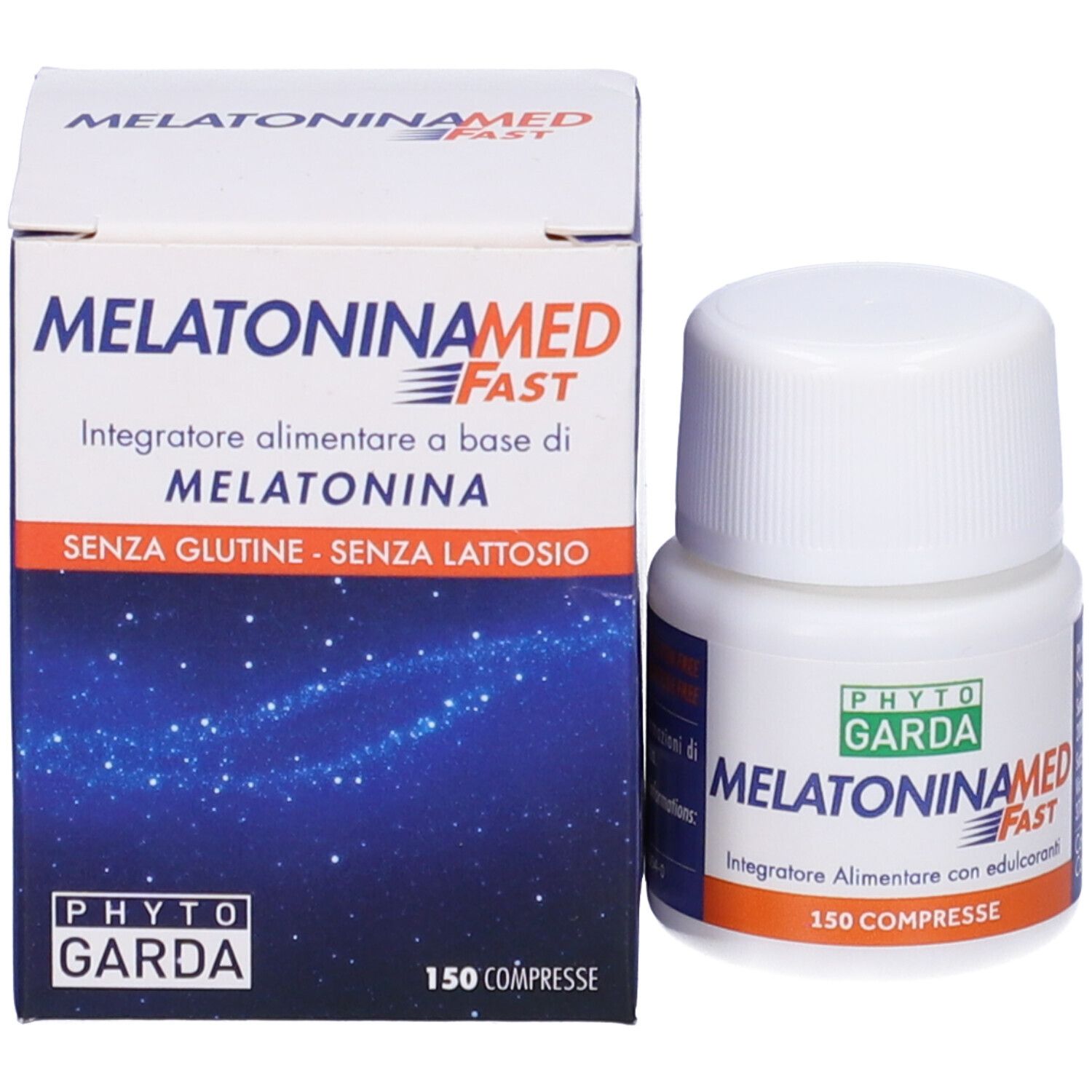 Weiße Flasche und Schachtel. Aufschrift: MelatoninaMed Fast, 150 Compresse. Marke: Phyto Garda. Glutenfrei, Laktosefrei.
