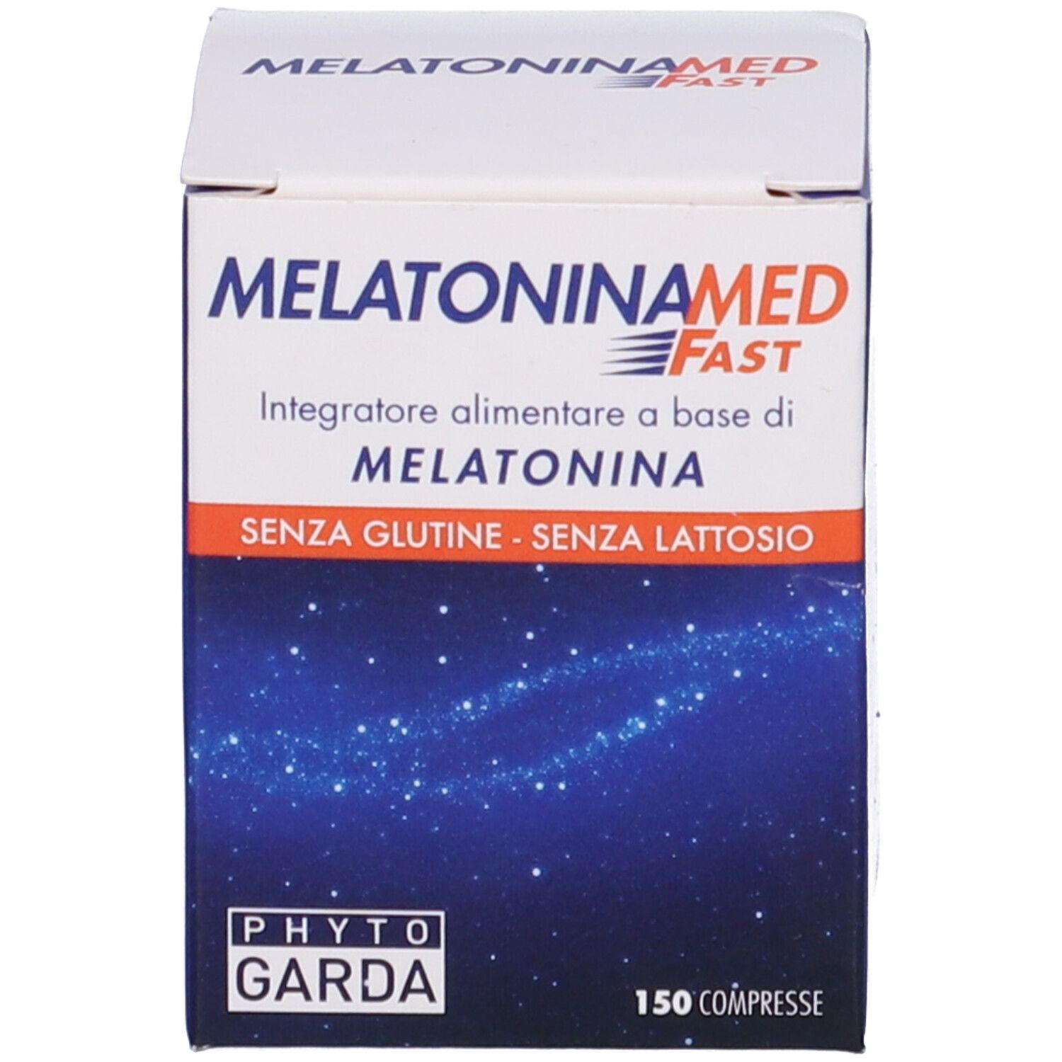 Schachtel mit Aufschrift: MelatoninaMed Fast, 150 Compresse. Marke: Phyto Garda. Glutenfrei, Laktosefrei.