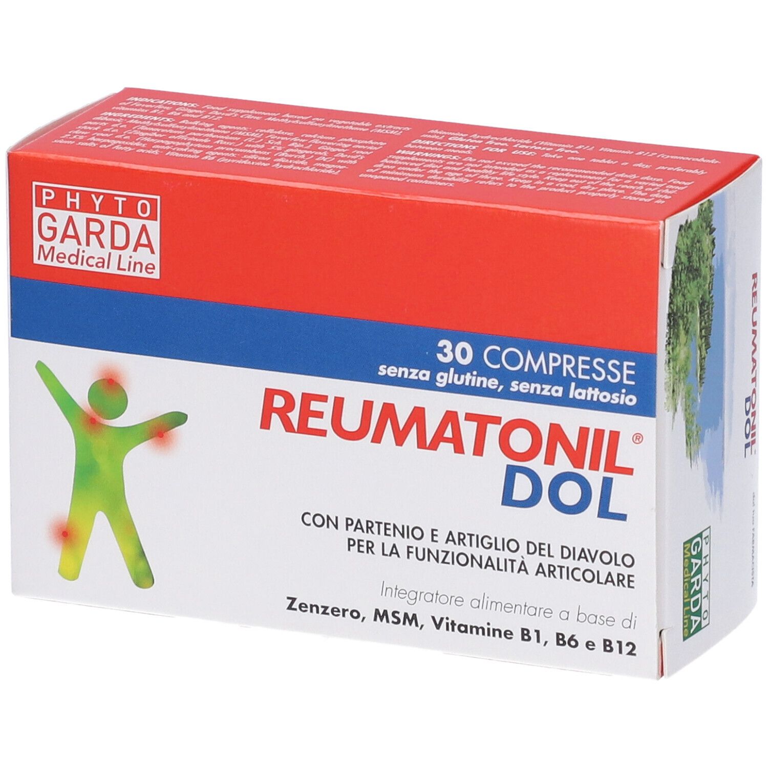 Scatola bianca e rossa. Scritta: Reumatonil Dol, 30 compresse, senza glutine, senza lattosio. Logo: Phyto Garda Medical Line.