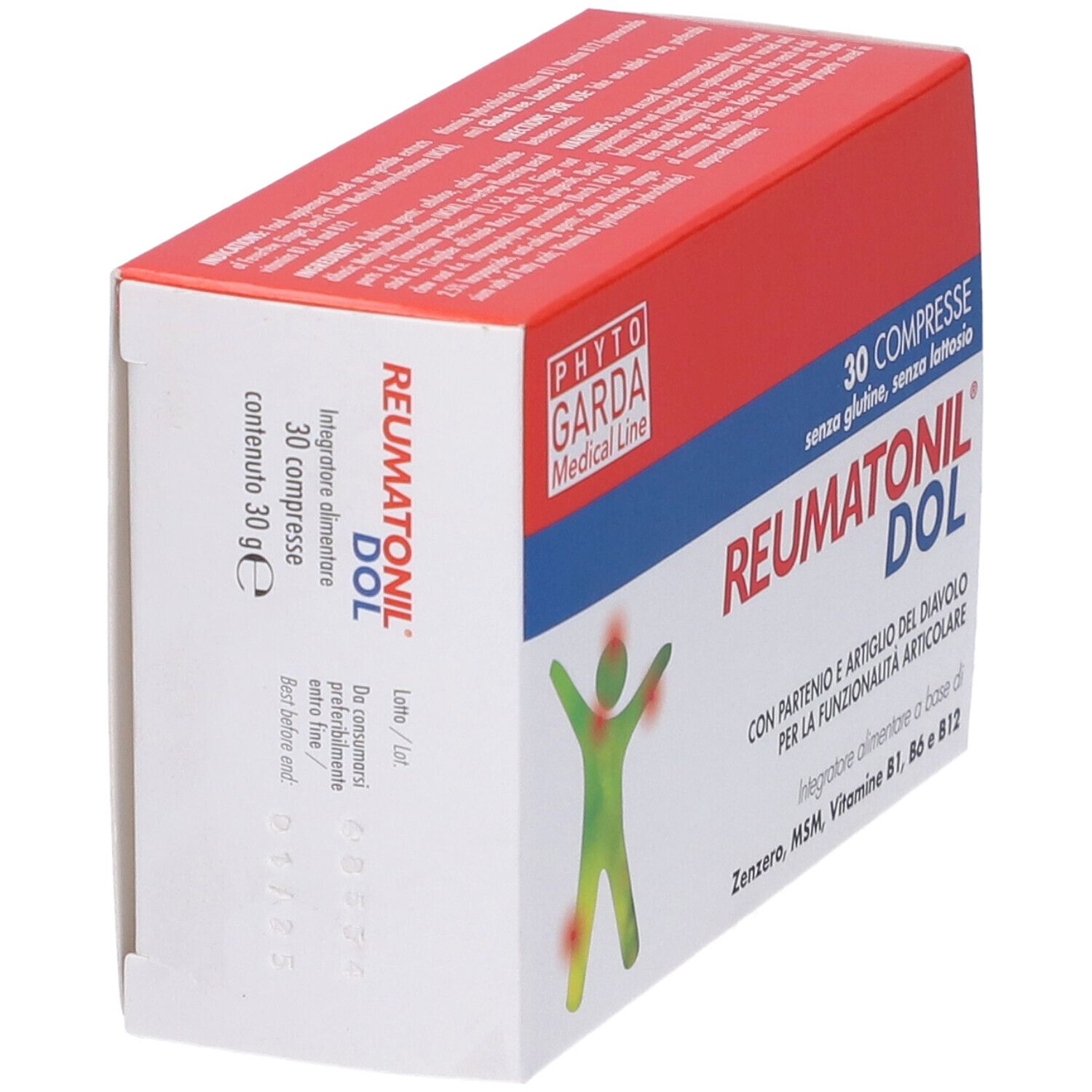 Vista obliqua della scatola. Scritta: Reumatonil Dol, 30 compresse, senza glutine, senza lattosio. Logo: Phyto Garda Medical Line.