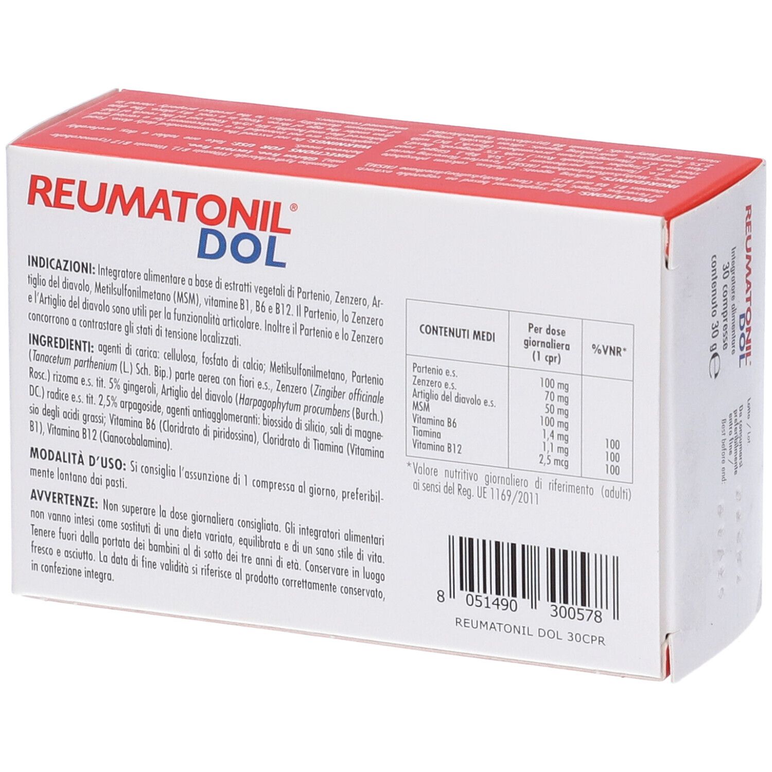 Retro della scatola. Contiene informazioni sugli ingredienti e i valori nutrizionali. Scritta: Reumatonil Dol, 30 compresse.