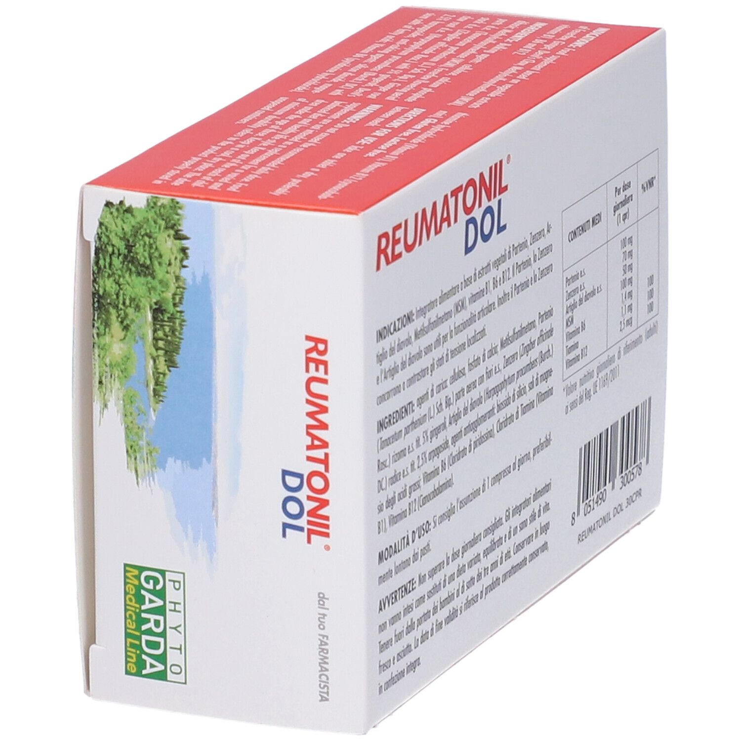 Vista obliqua della scatola. Scritta: Reumatonil Dol, 30 compresse. Logo: Phyto Garda Medical Line. Paesaggio.