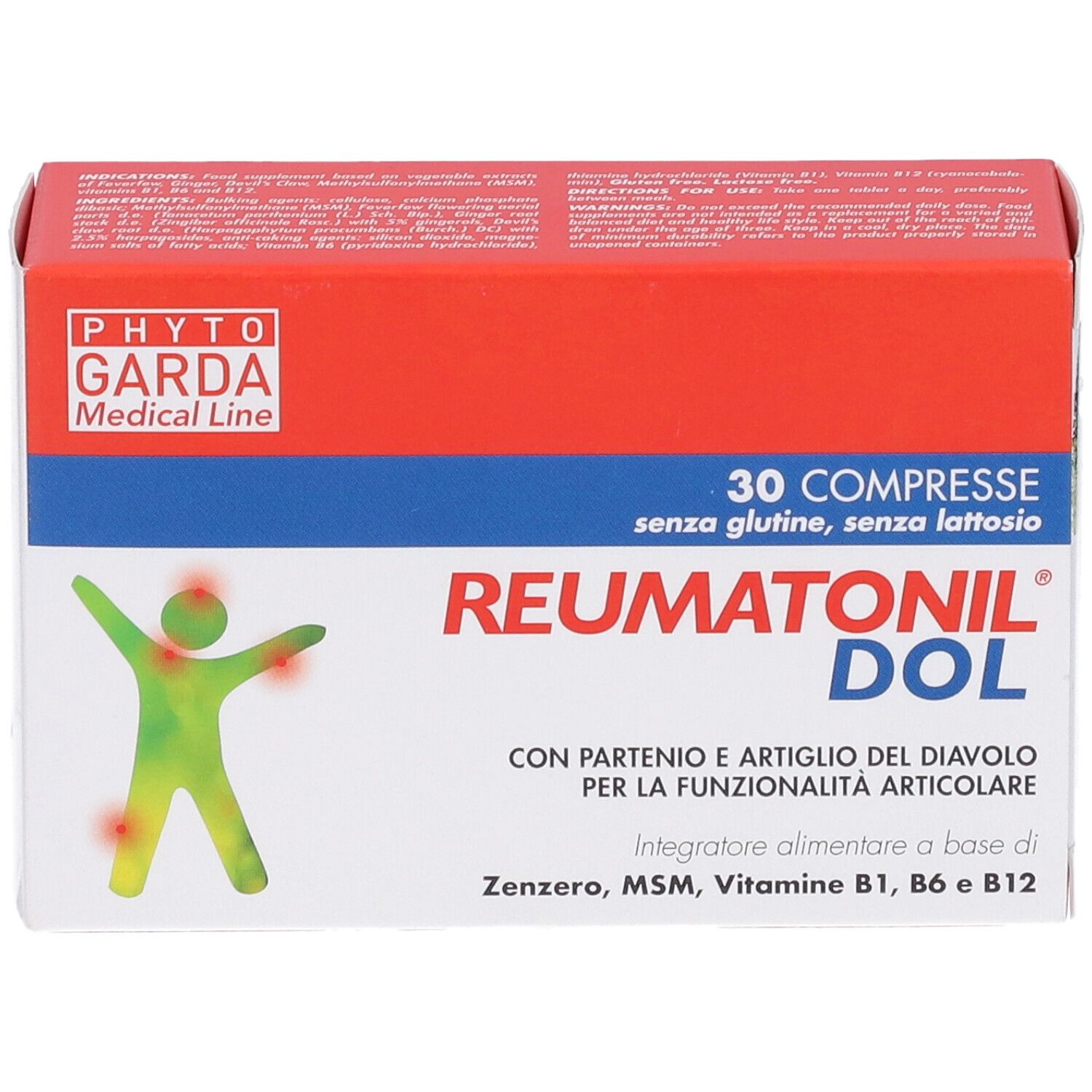 Scatola bianca e rossa. Scritta: Reumatonil Dol, 30 compresse, senza glutine, senza lattosio. Logo: Phyto Garda Medical Line.