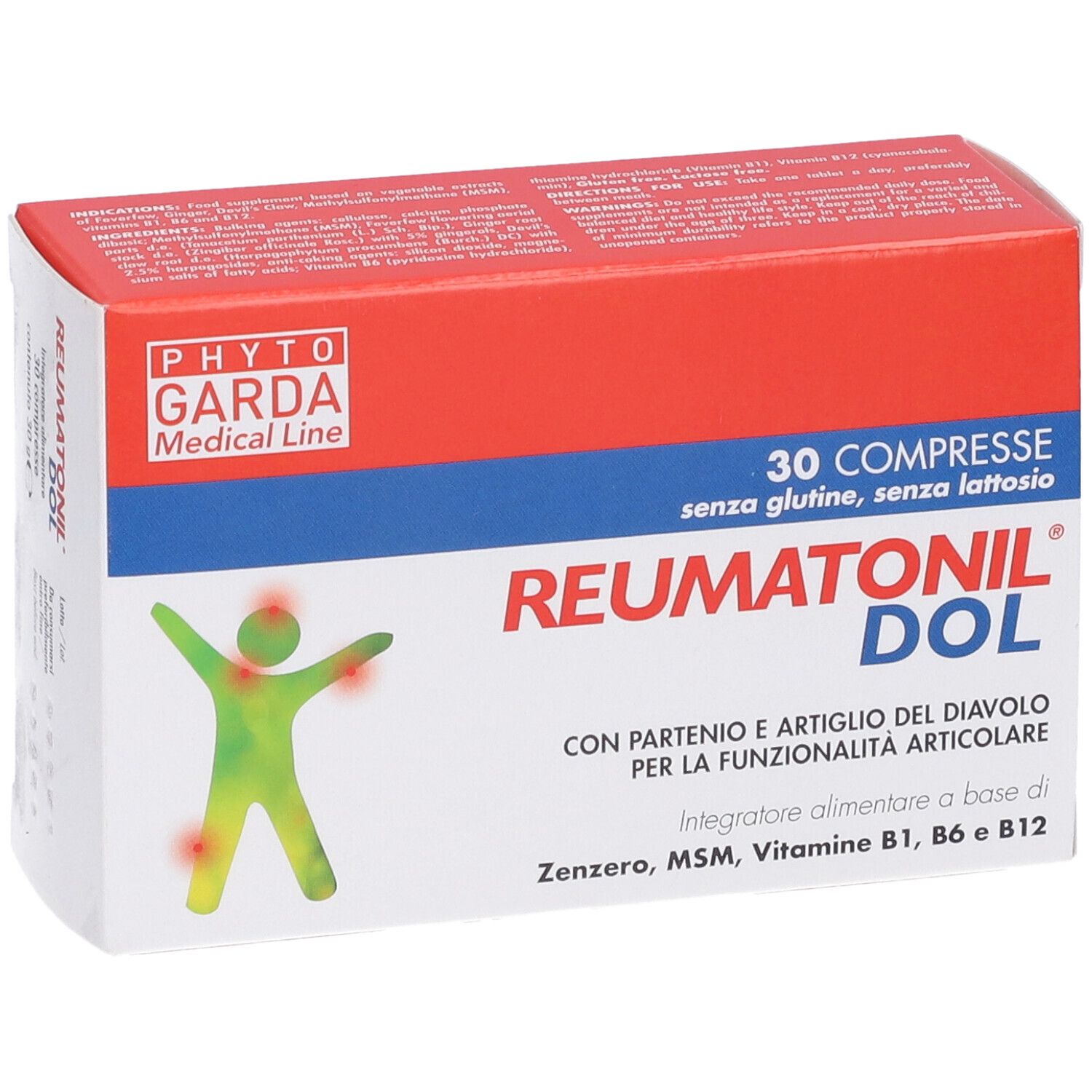 Scatola bianca e rossa. Scritta: Reumatonil Dol, 30 compresse, senza glutine, senza lattosio. Logo: Phyto Garda Medical Line.