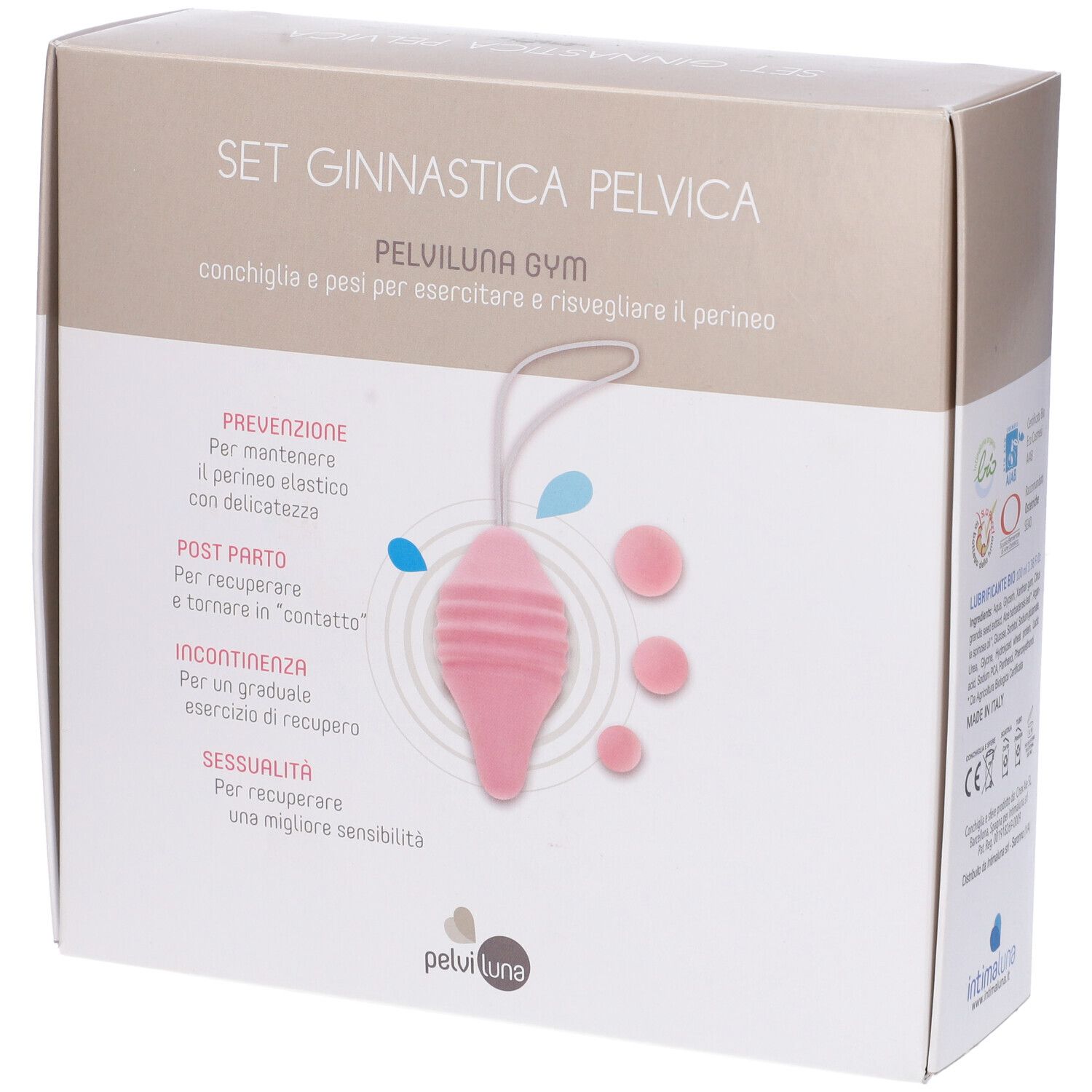 Confezione Pelviluna Gym Set. Cono rosa, sfere e testo. Set Ginnastica Pelvica.