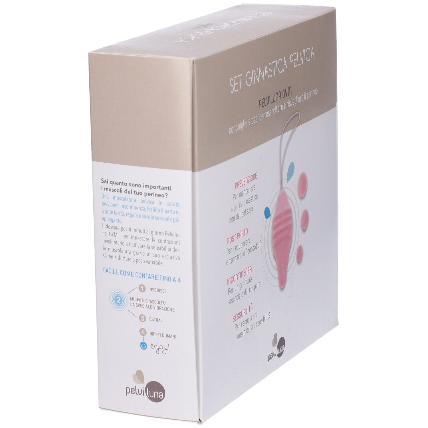 Confezione Pelviluna Gym Set. Cono rosa, sfere e testo. Set Ginnastica Pelvica.
