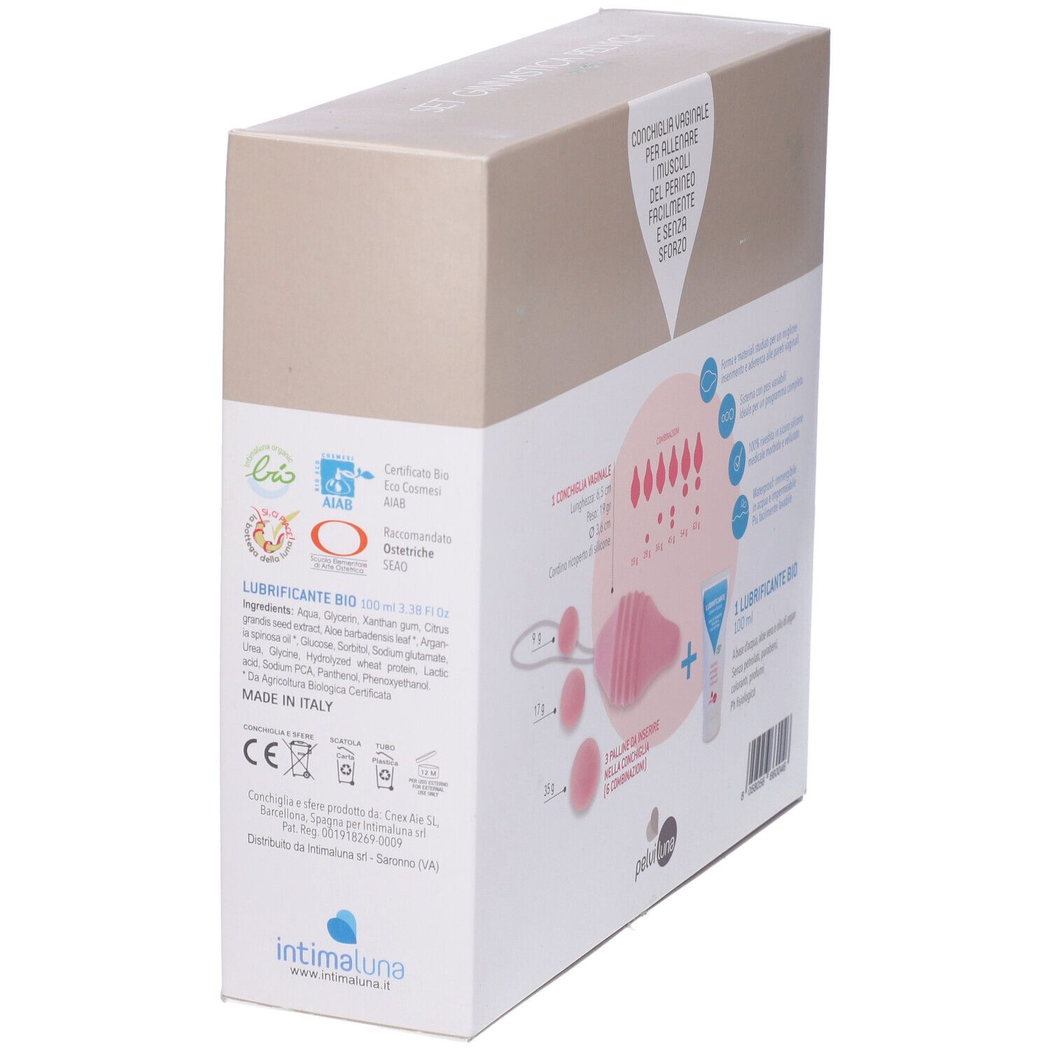 Lato confezione Pelviluna Gym Set. Cono rosa, sfere, testo e tubetto.