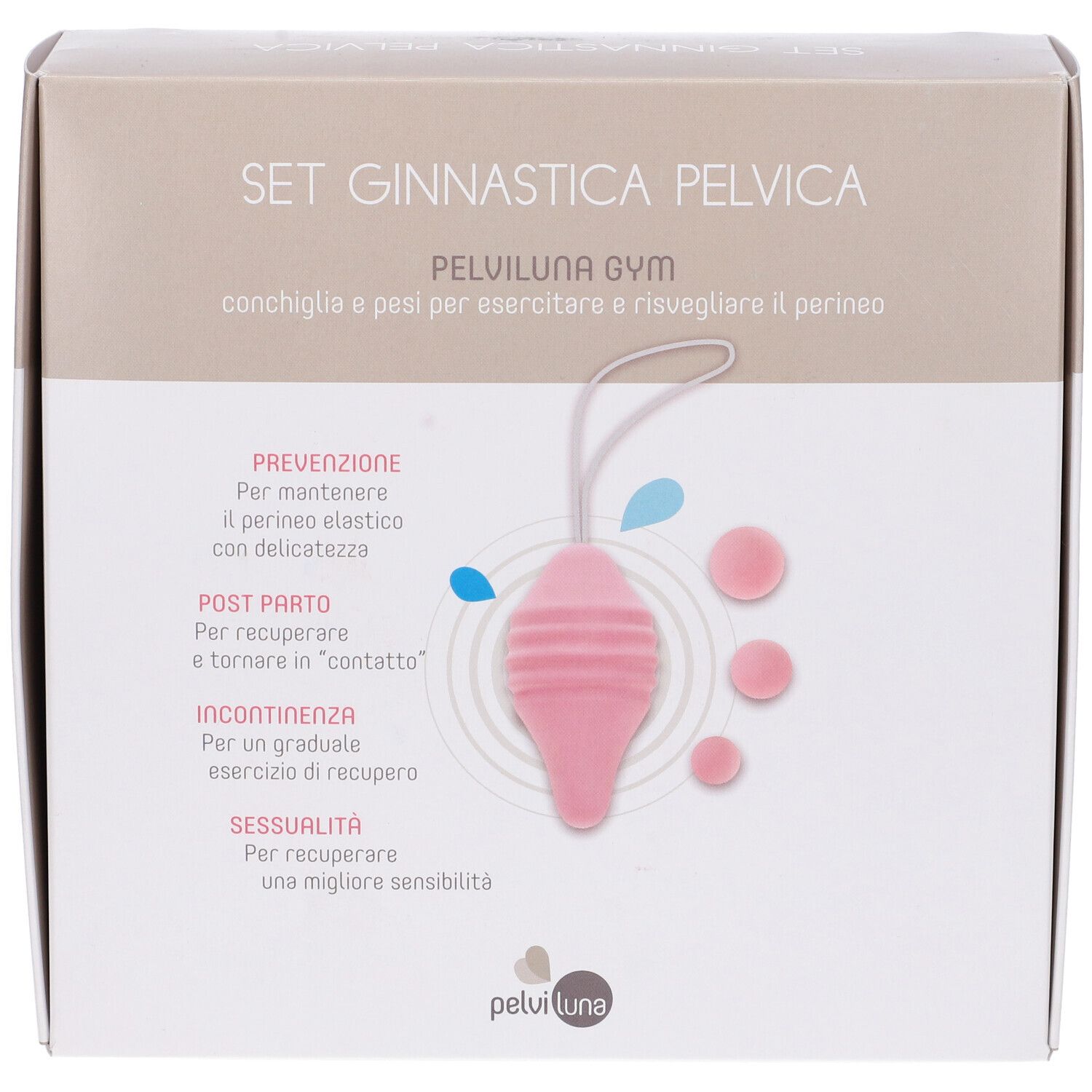 Confezione Pelviluna Gym Set. Cono rosa, sfere e testo. Set Ginnastica Pelvica.
