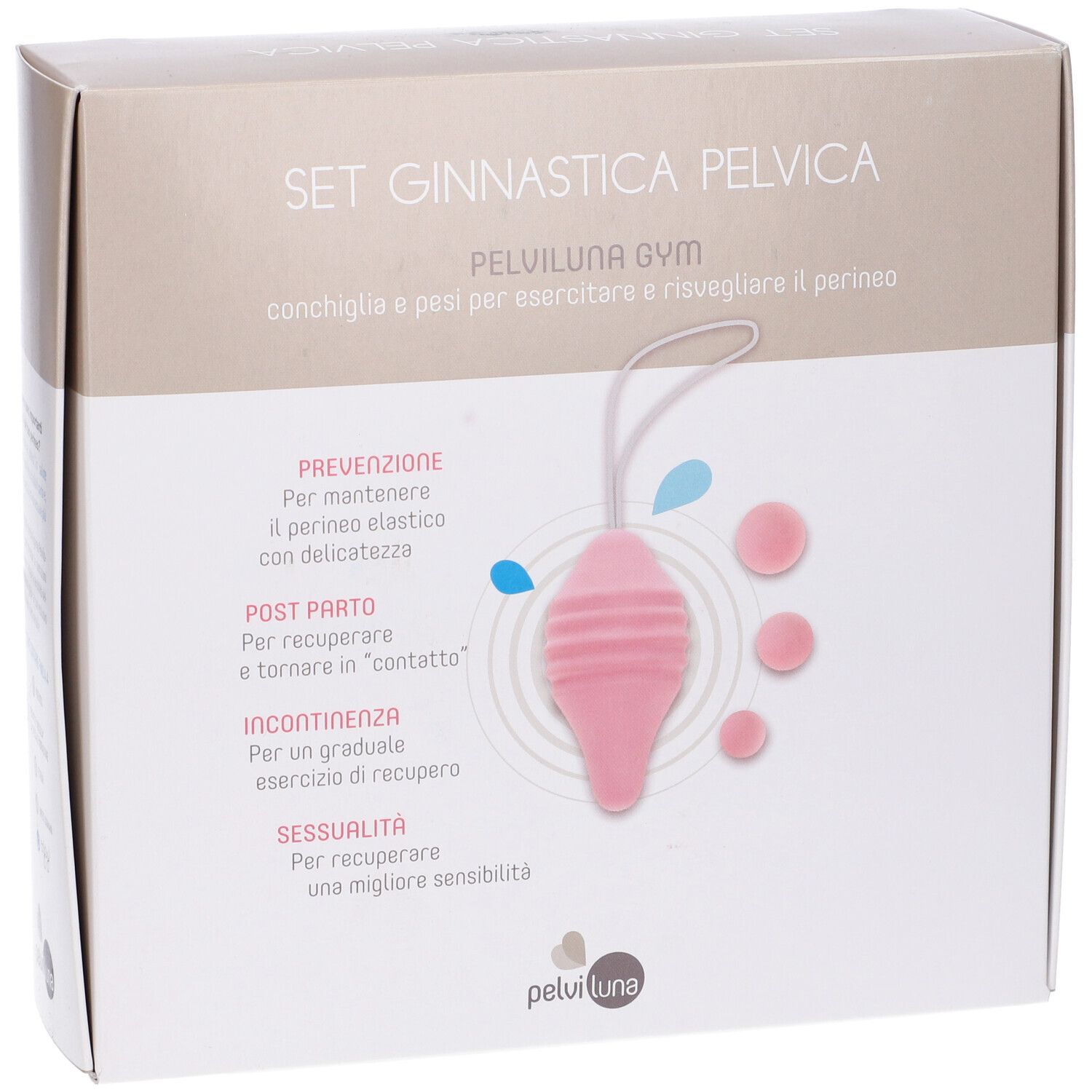 Confezione Pelviluna Gym Set. Cono rosa, sfere e testo. Set Ginnastica Pelvica.