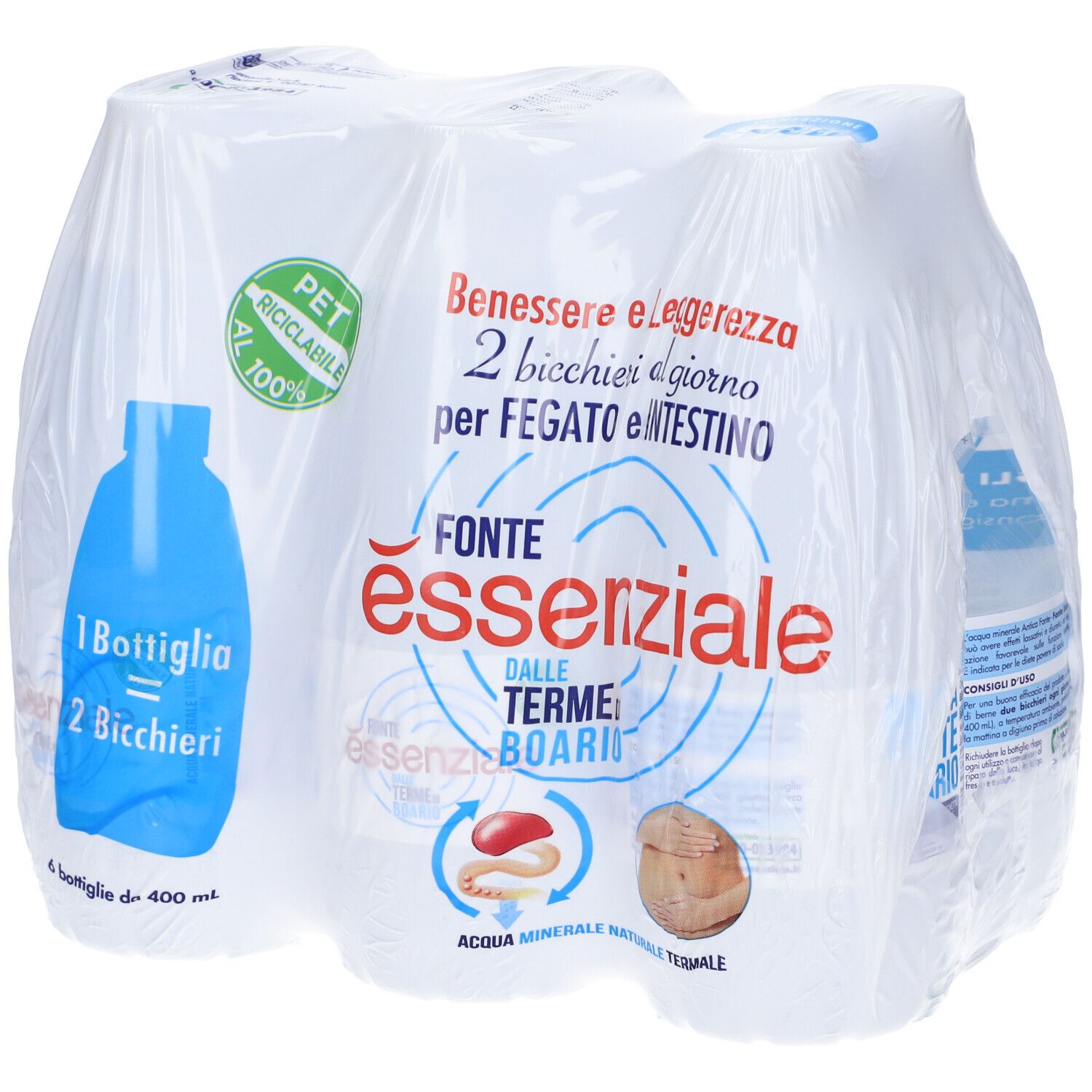 Confezione di sei bottiglie d'acqua. Scritta: Fonte Essenziale dalle Terme di Boario. Illustrazione bottiglia blu.